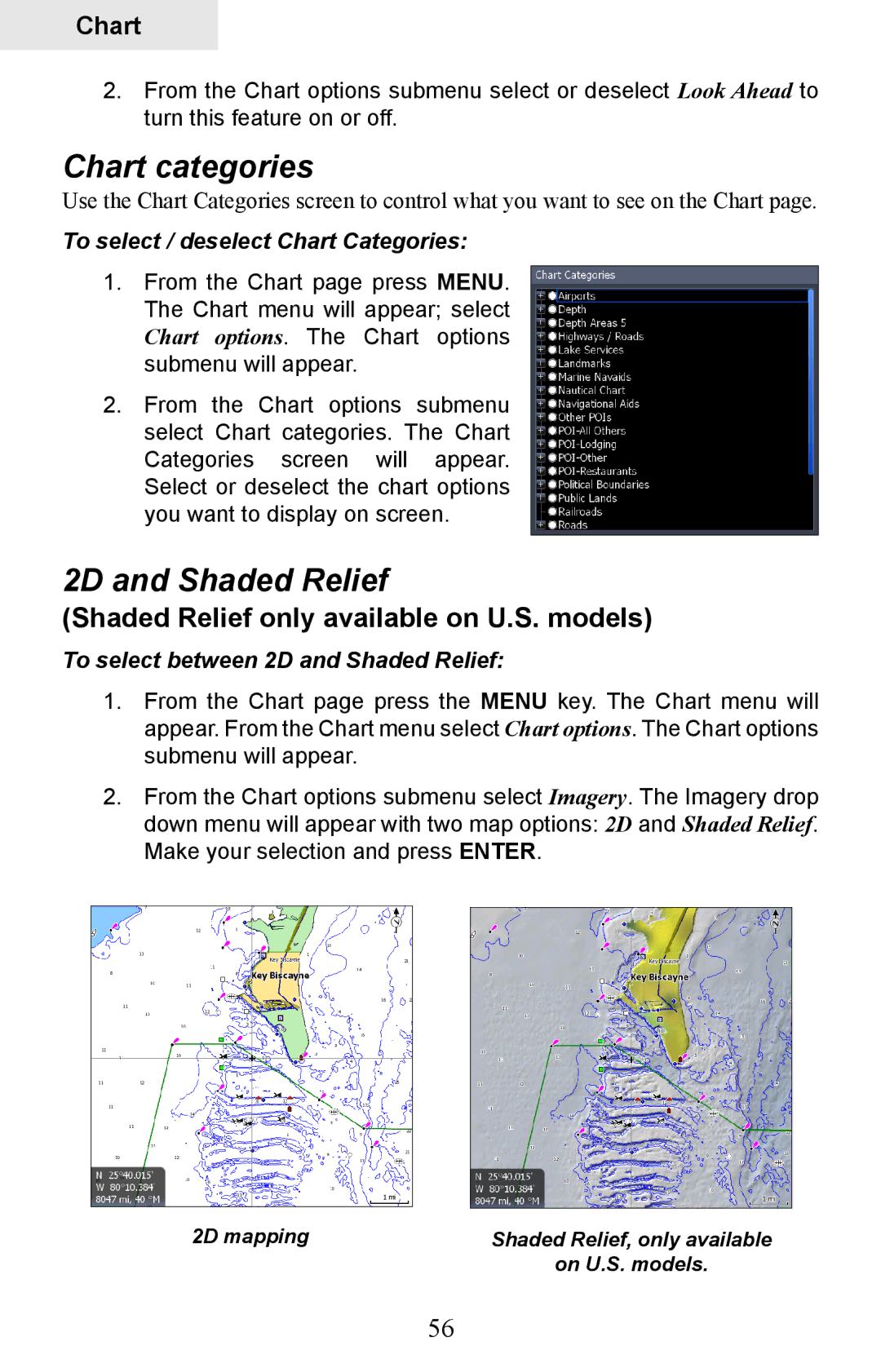 Lowrance electronic HDS-7, HDS-5 manual Chart categories, 2D and Shaded Relief, Shaded Relief only available on U.S. models 