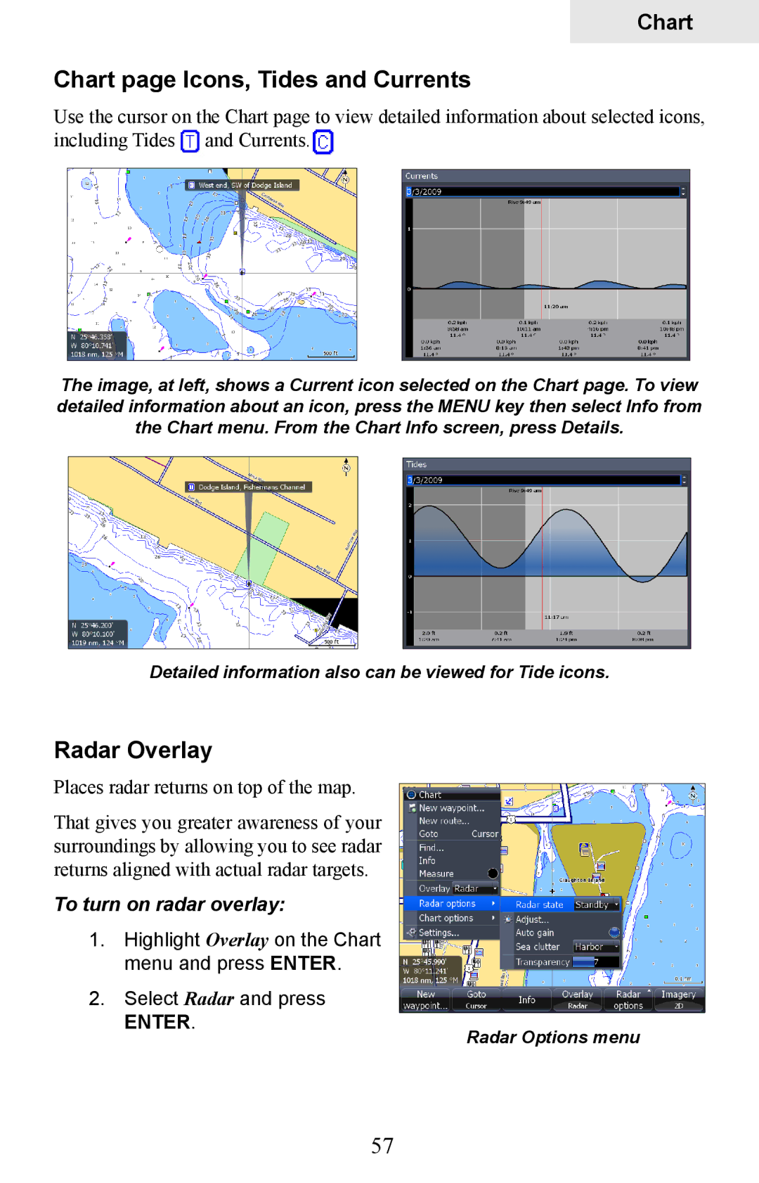 Lowrance electronic HDS-5, HDS-7 manual Chart page Icons, Tides and Currents, Radar Overlay, To turn on radar overlay 