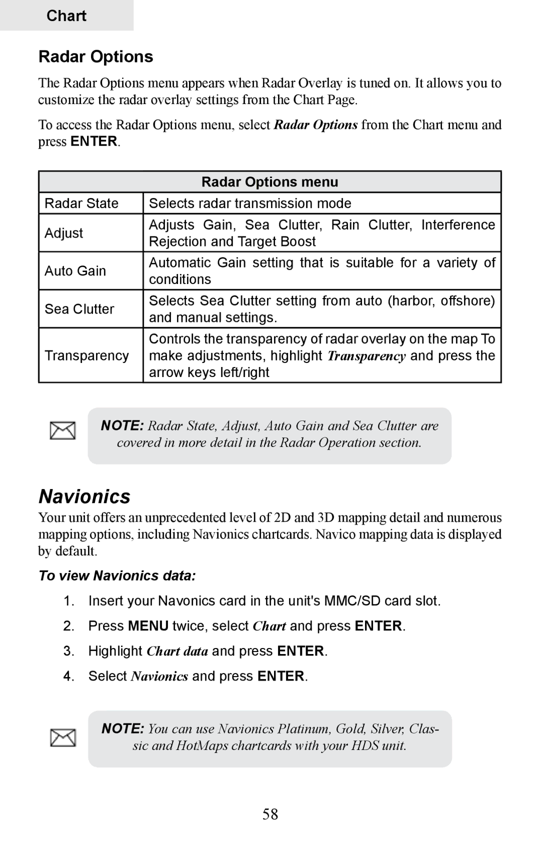 Lowrance electronic HDS-7, HDS-5 manual Radar Options, To view Navionics data 