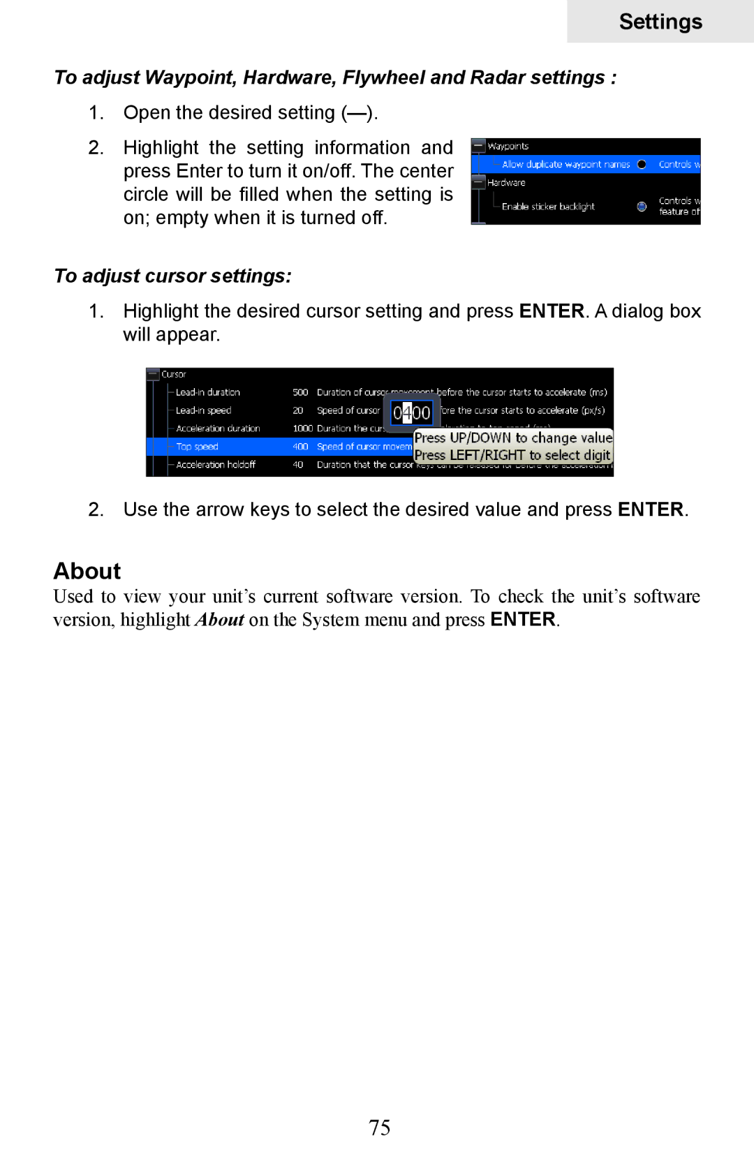 Lowrance electronic HDS-5 About, To adjust Waypoint, Hardware, Flywheel and Radar settings, To adjust cursor settings 