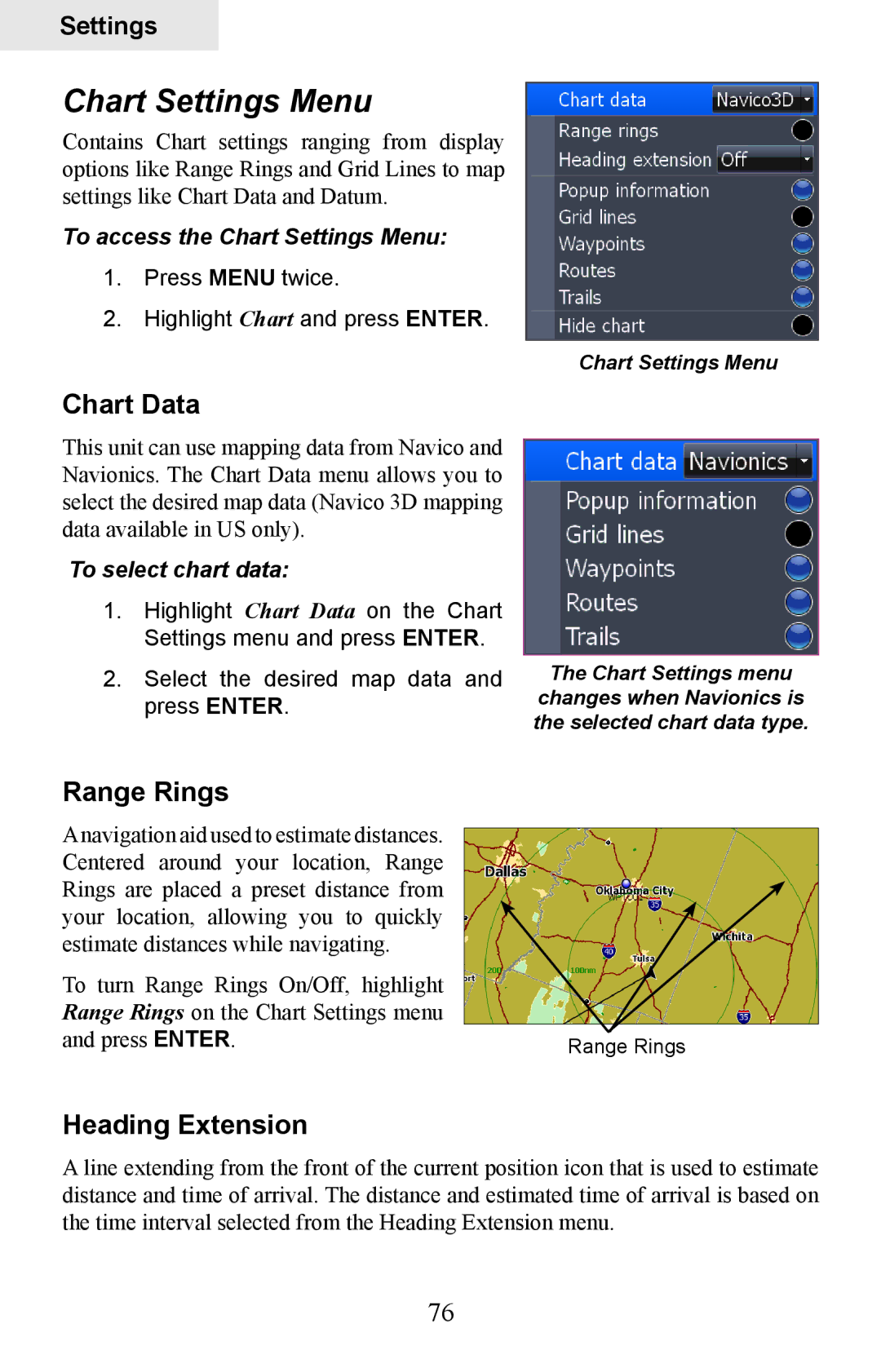 Lowrance electronic HDS-7, HDS-5 manual Chart Settings Menu, Chart Data, Range Rings, Heading Extension 