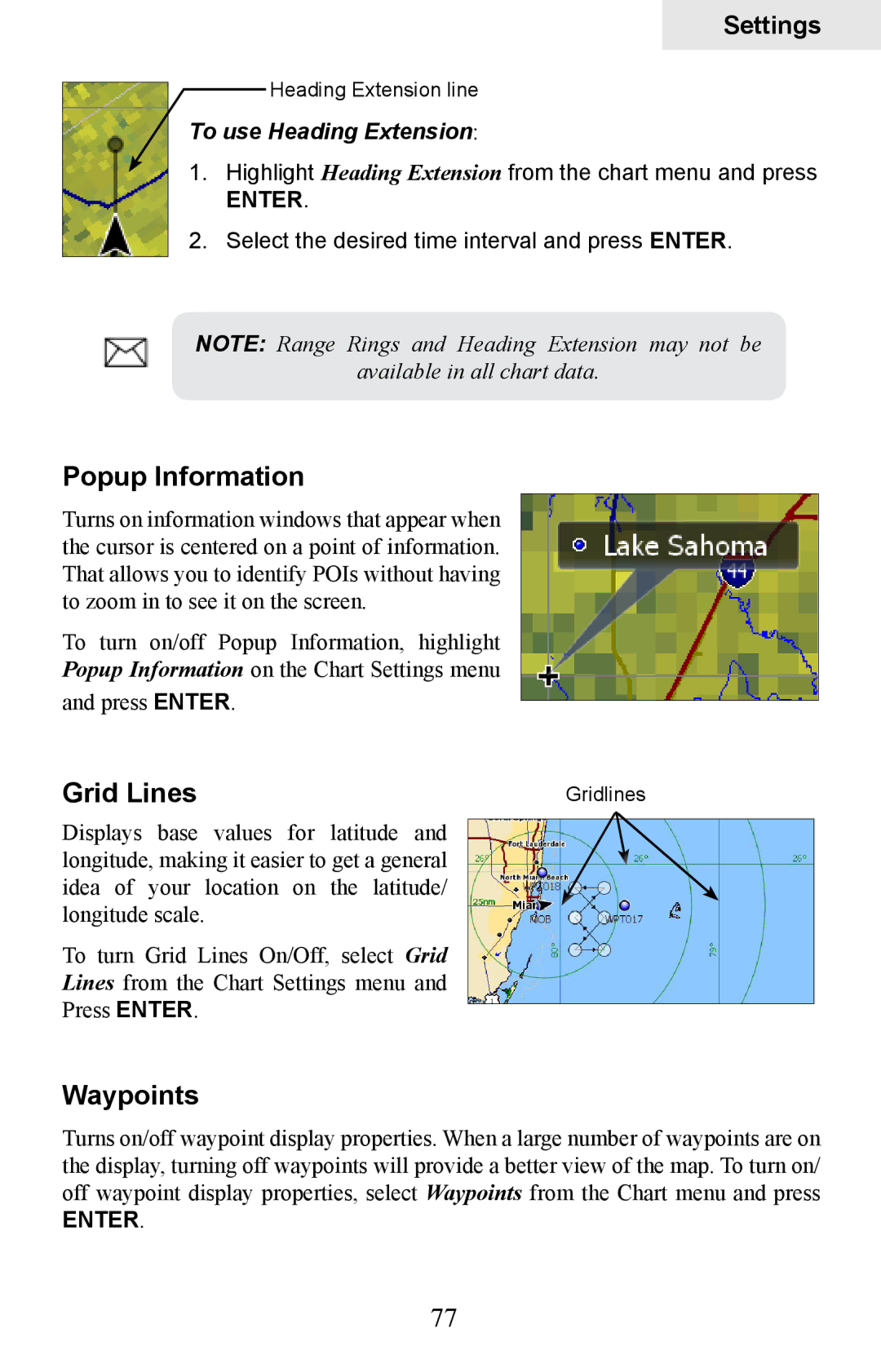 Lowrance electronic HDS-5, HDS-7 manual Popup Information, Grid Lines, Waypoints, To use Heading Extension 