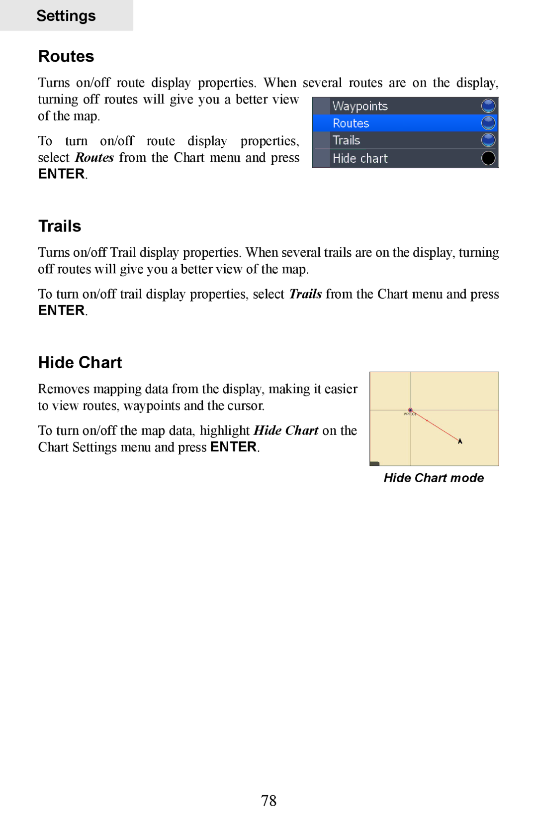 Lowrance electronic HDS-7, HDS-5 manual Routes, Trails, Hide Chart 