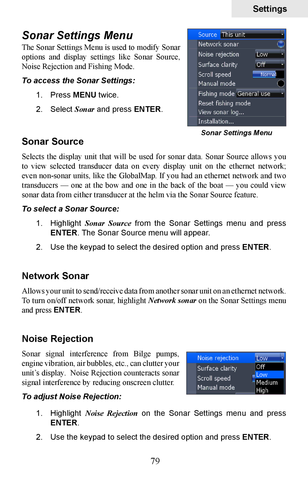 Lowrance electronic HDS-5, HDS-7 manual Sonar Settings Menu, Sonar Source, Network Sonar, Noise Rejection 