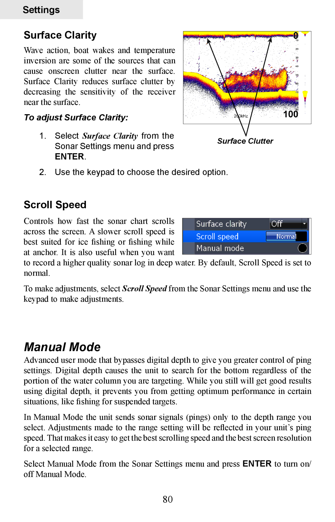 Lowrance electronic HDS-7, HDS-5 manual Manual Mode, Scroll Speed, To adjust Surface Clarity 