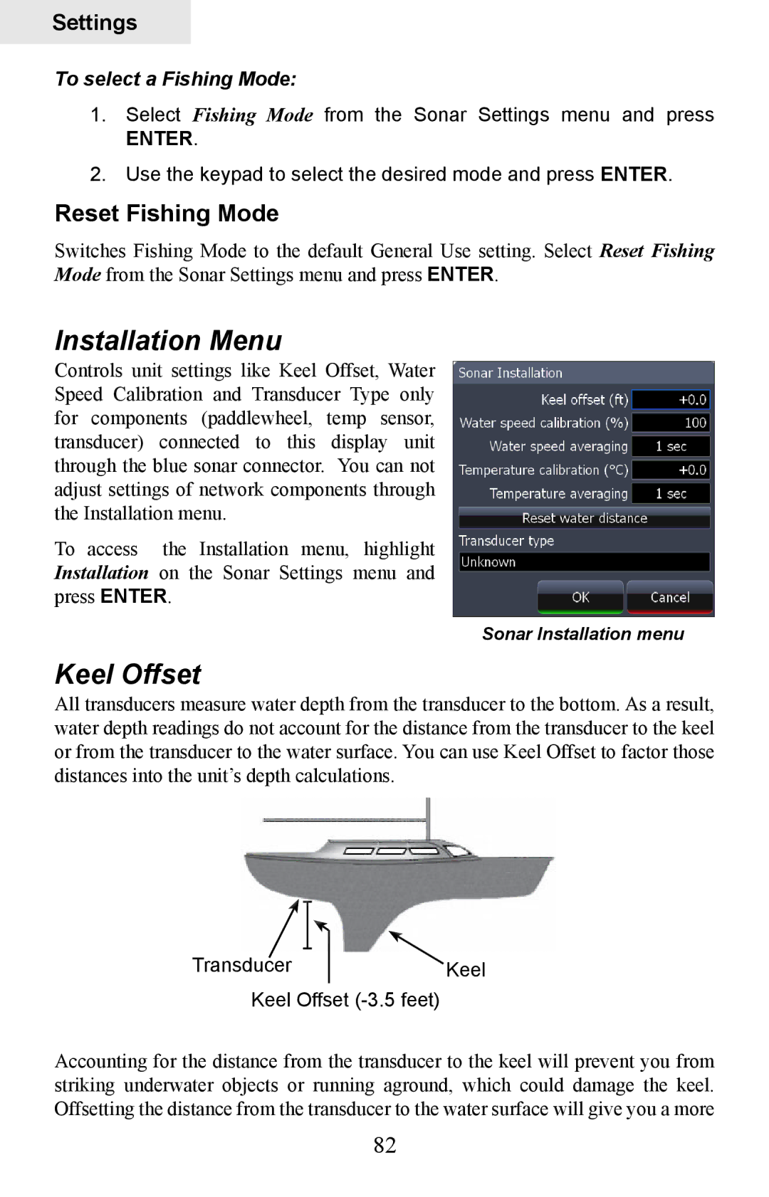 Lowrance electronic HDS-7, HDS-5 manual Installation Menu, Keel Offset, Reset Fishing Mode 