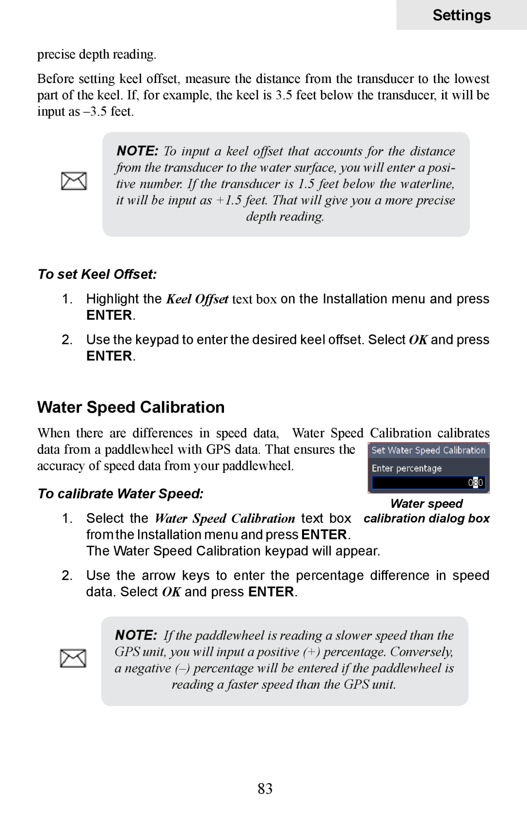 Lowrance electronic HDS-5, HDS-7 manual Water Speed Calibration, To set Keel Offset, To calibrate Water Speed 