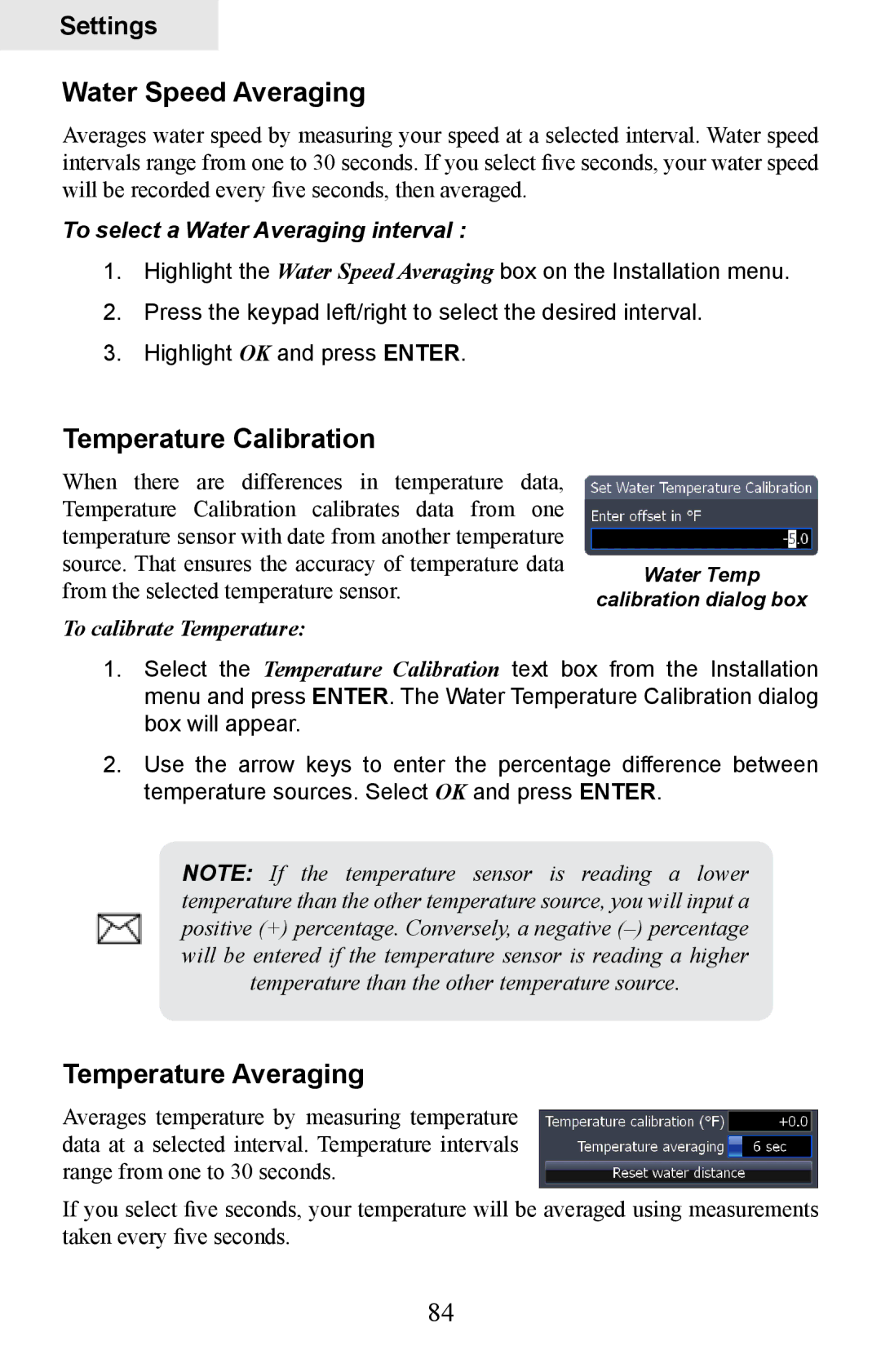 Lowrance electronic HDS-7, HDS-5 manual Water Speed Averaging, Temperature Calibration, Temperature Averaging 