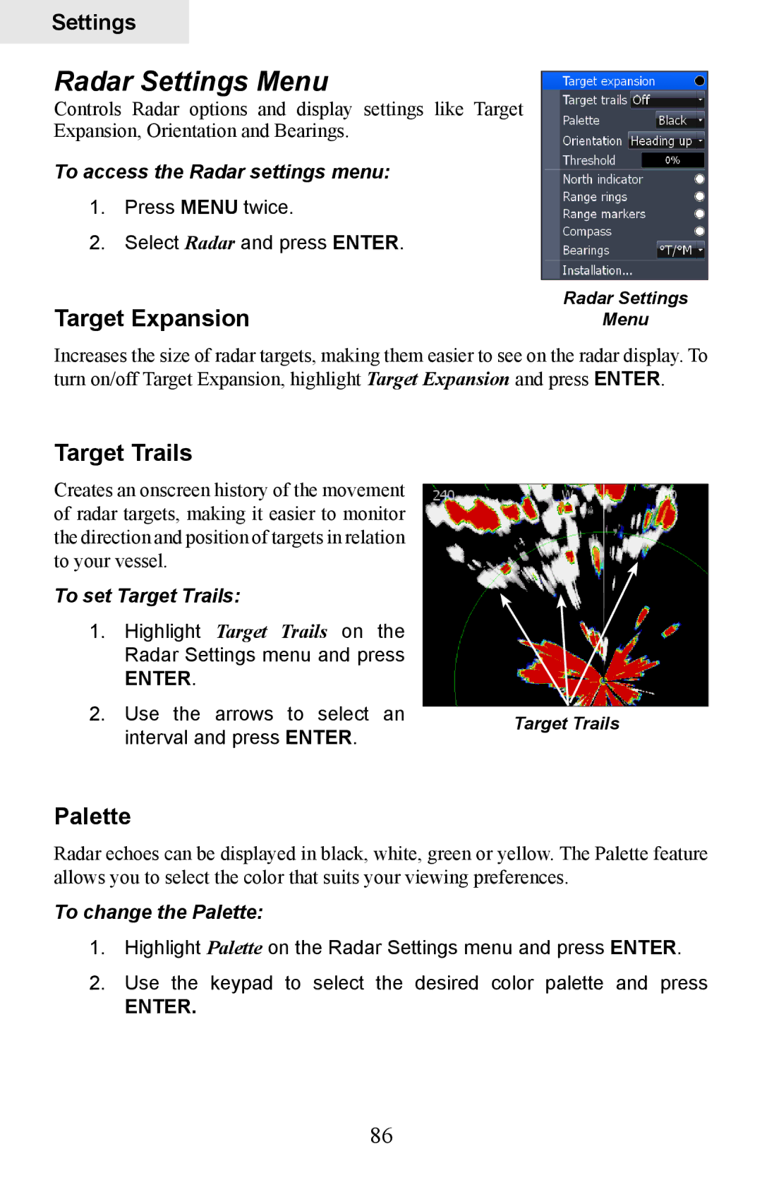 Lowrance electronic HDS-7, HDS-5 manual Radar Settings Menu, Target Expansion, Target Trails, Palette 