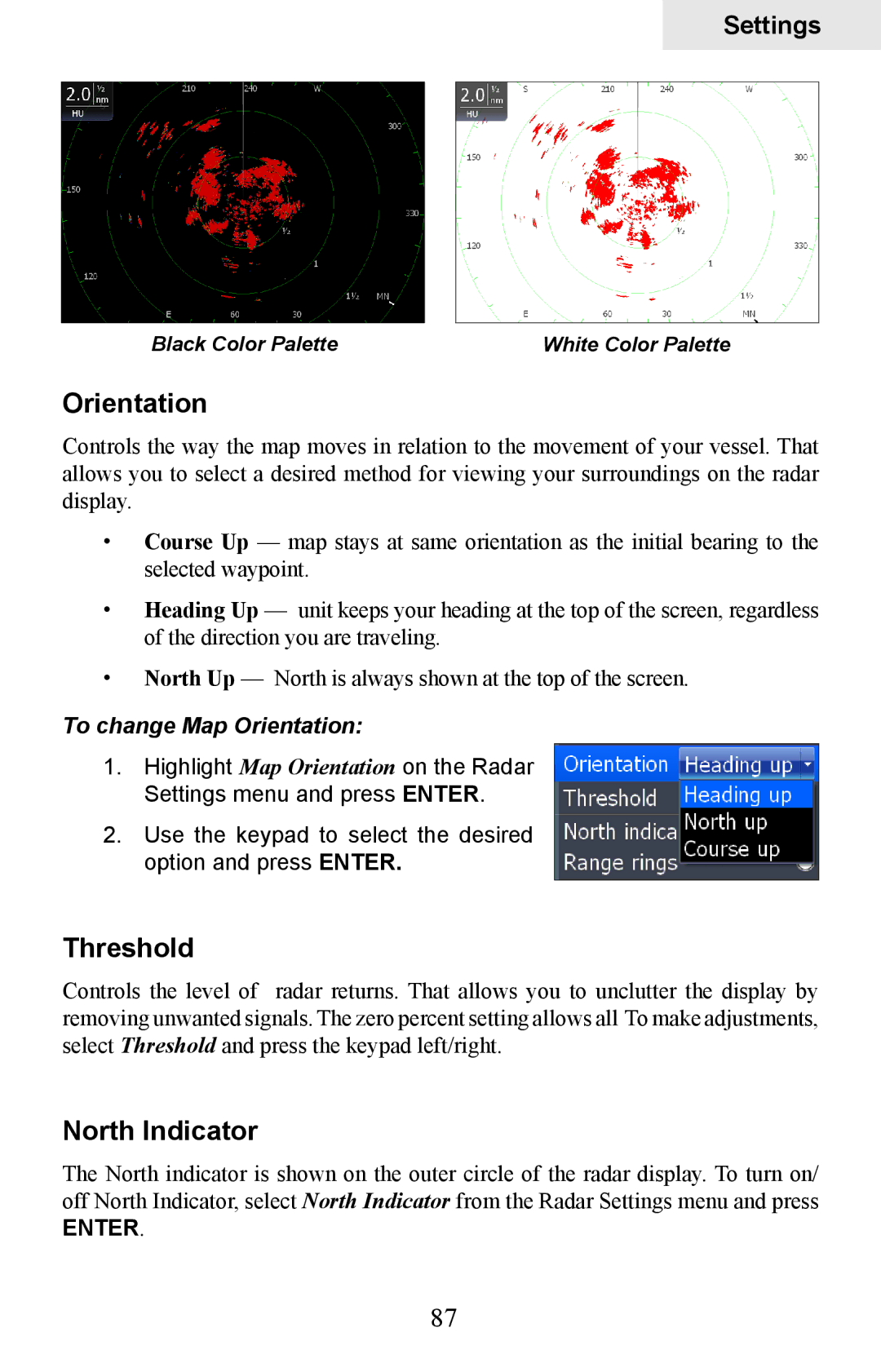 Lowrance electronic HDS-5, HDS-7 manual Threshold, North Indicator, To change Map Orientation 