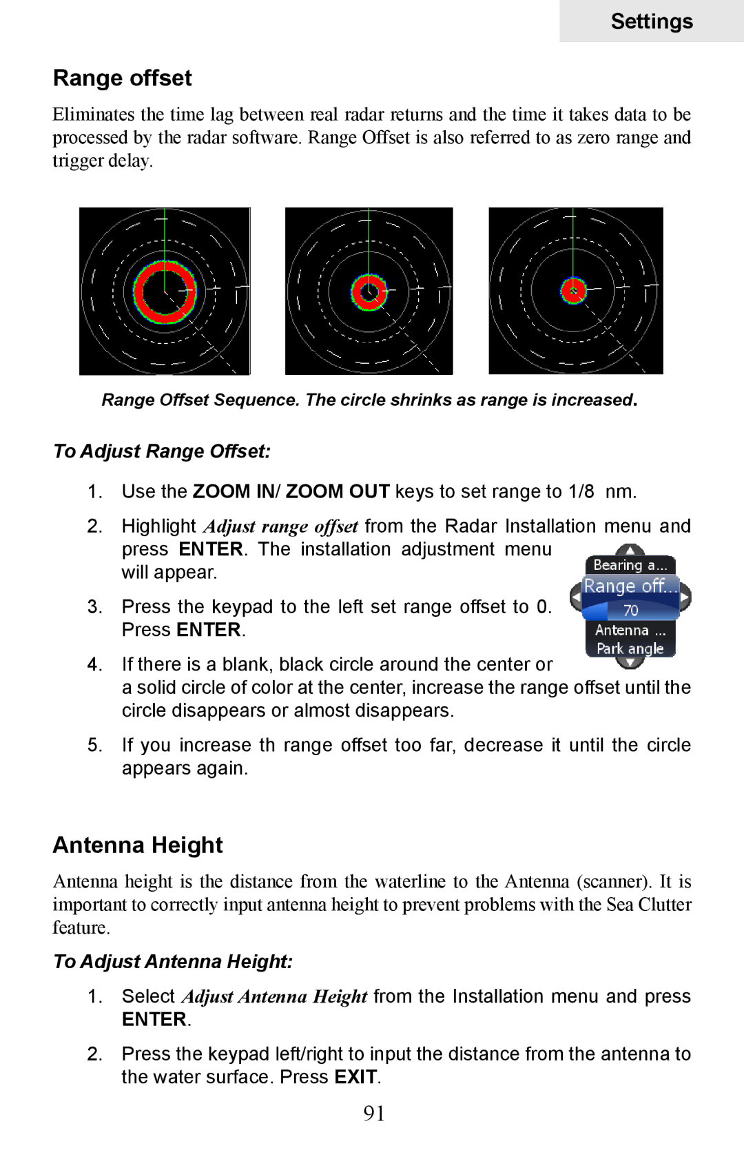 Lowrance electronic HDS-5, HDS-7 manual Range offset, To Adjust Range Offset, To Adjust Antenna Height 