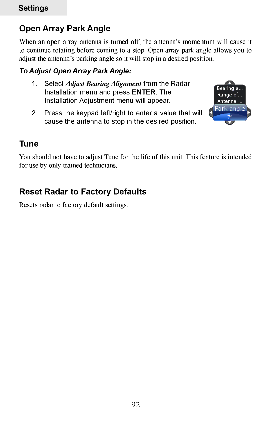 Lowrance electronic HDS-7, HDS-5 manual Tune, Reset Radar to Factory Defaults, To Adjust Open Array Park Angle 
