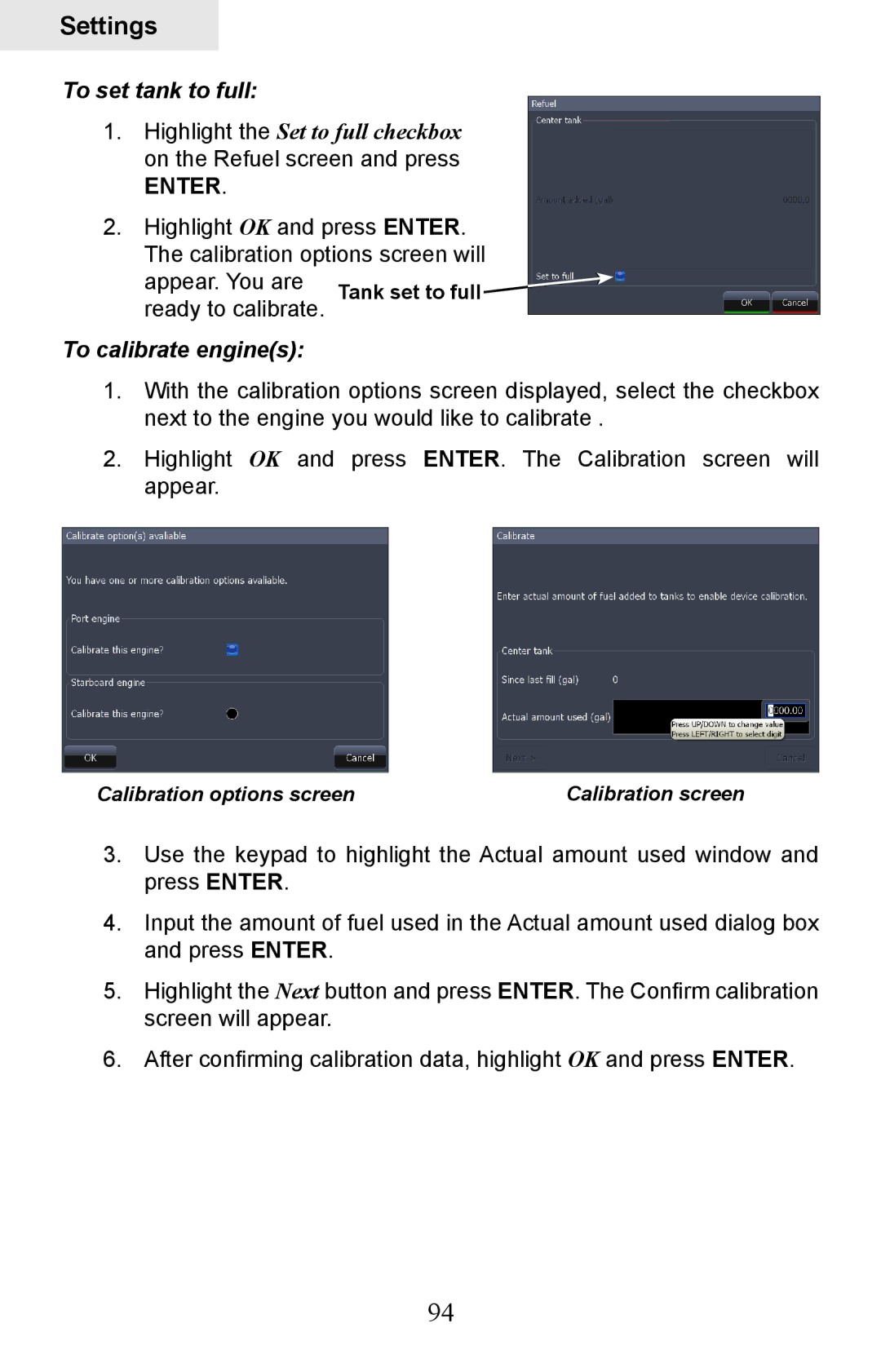 Lowrance electronic HDS-7, HDS-5 manual To set tank to full, To calibrate engines 