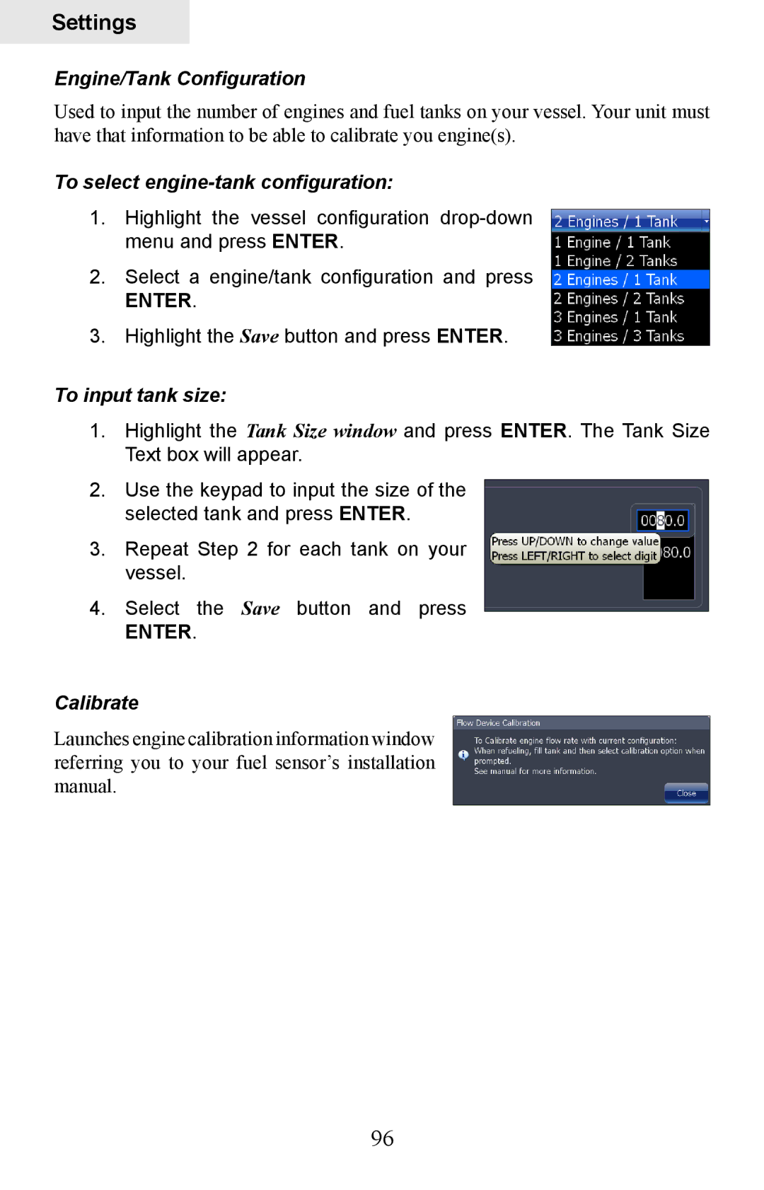 Lowrance electronic HDS-7 Engine/Tank Configuration, To select engine-tank configuration, To input tank size, Calibrate 