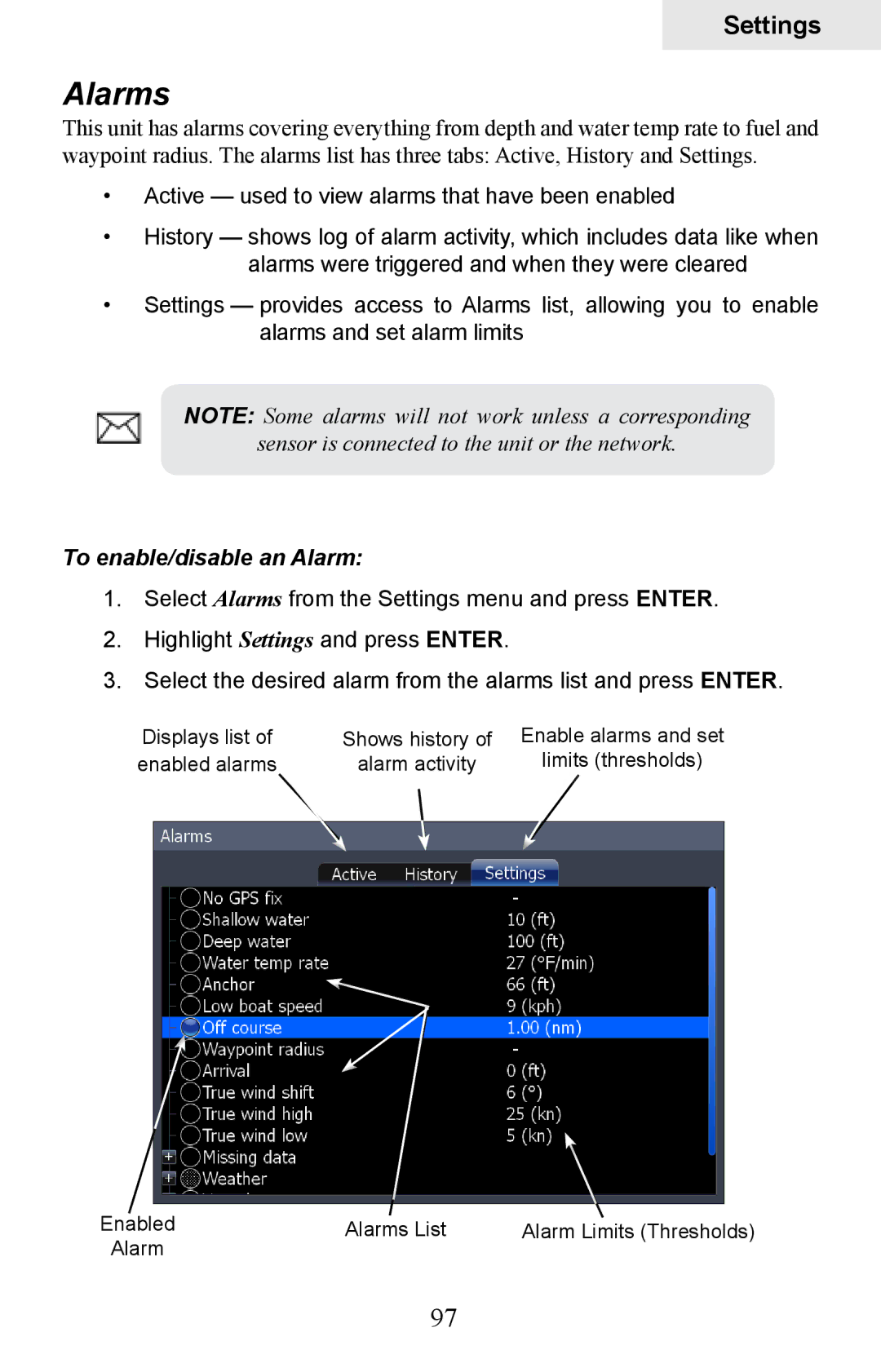 Lowrance electronic HDS-5, HDS-7 manual Alarms, To enable/disable an Alarm 