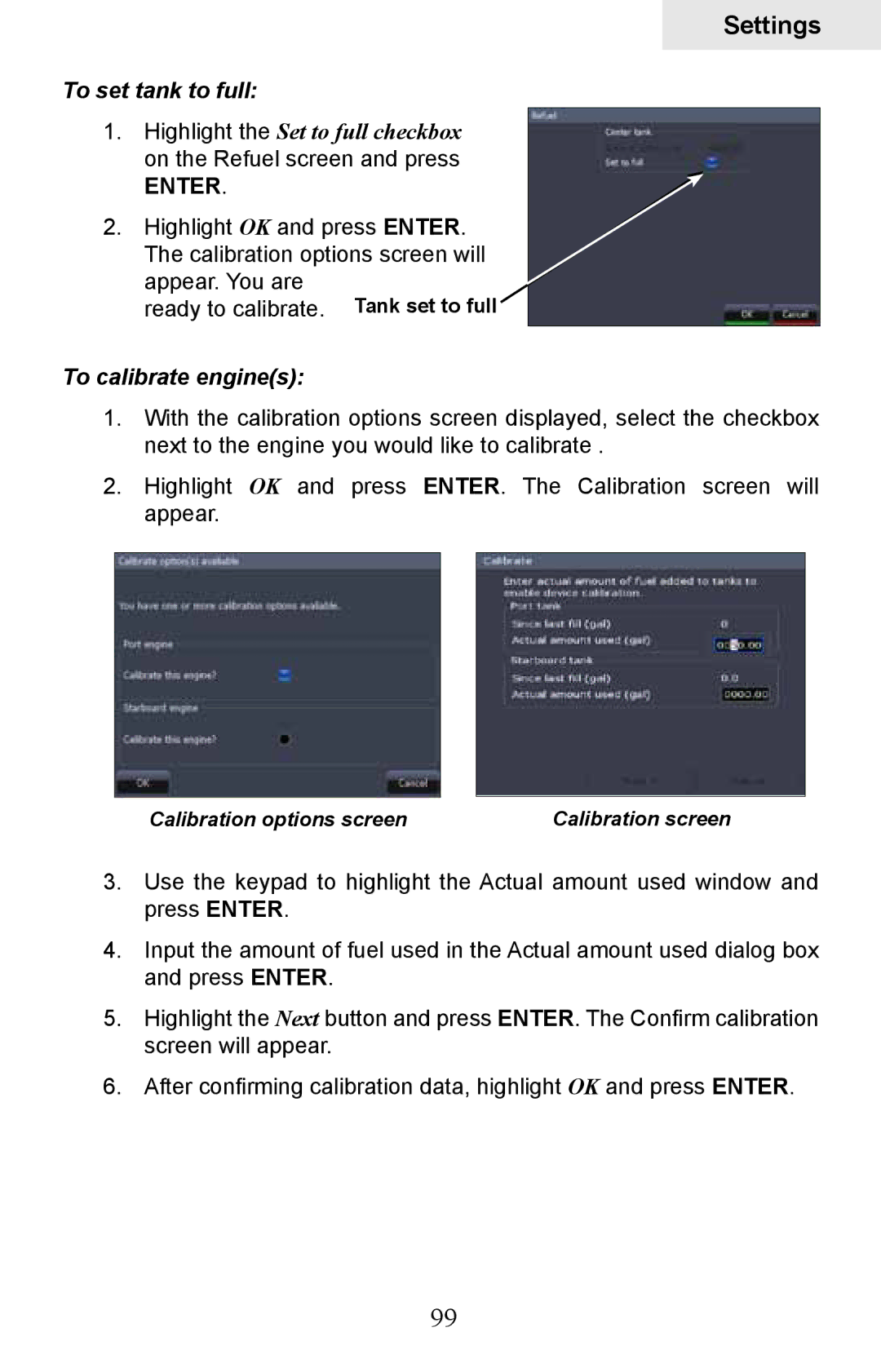 Lowrance electronic HDS-10M, HDS-8M operation manual To set tank to full, To calibrate engines 