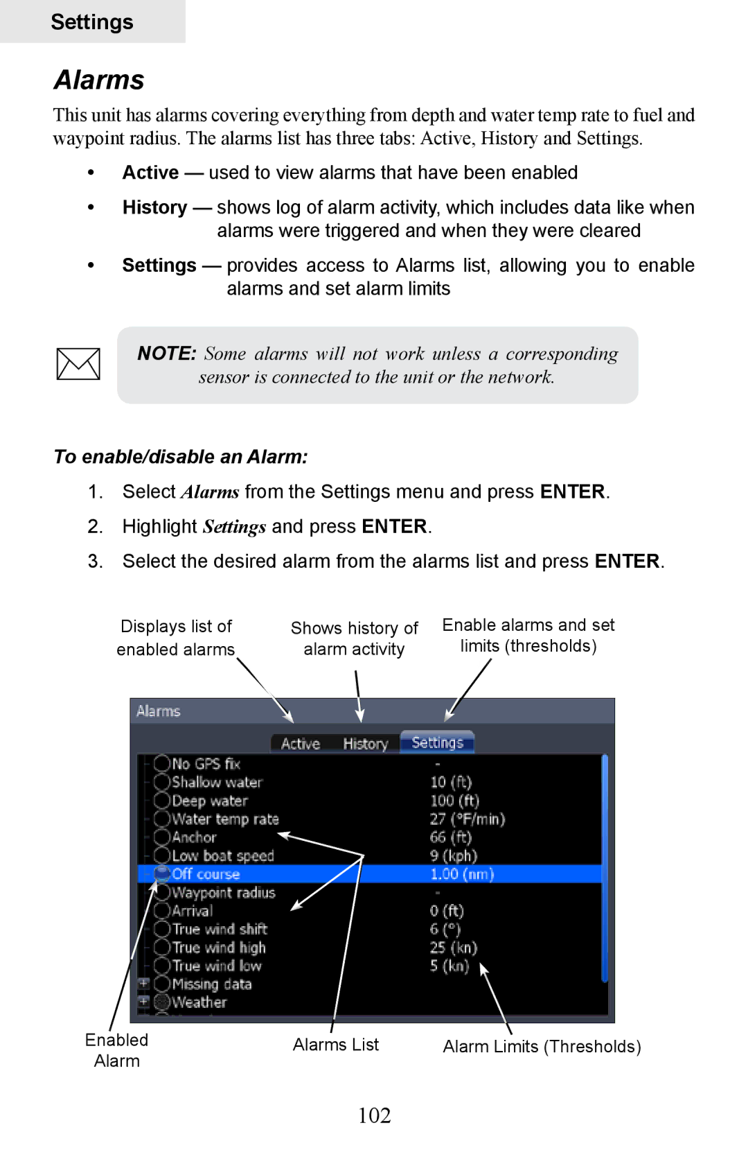 Lowrance electronic HDS-8M, HDS-10M operation manual Alarms, 102, To enable/disable an Alarm 