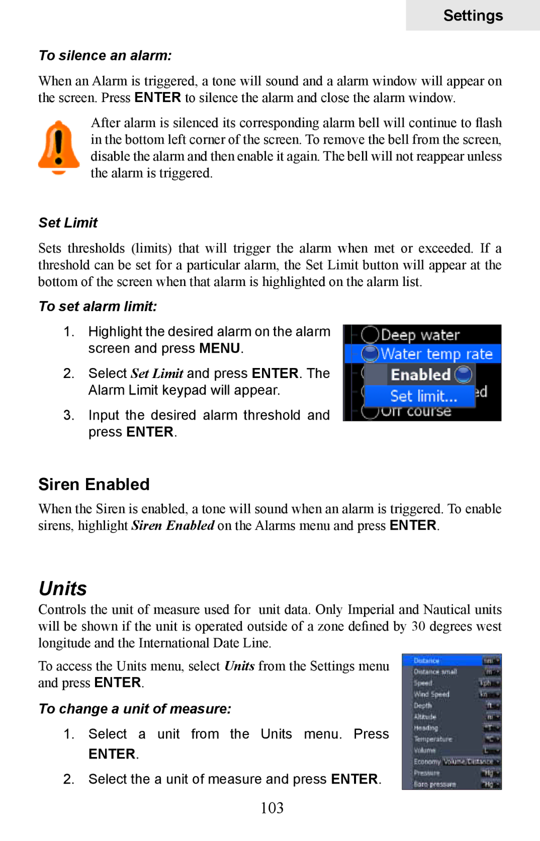 Lowrance electronic HDS-10M, HDS-8M operation manual Units, Siren Enabled, 103 
