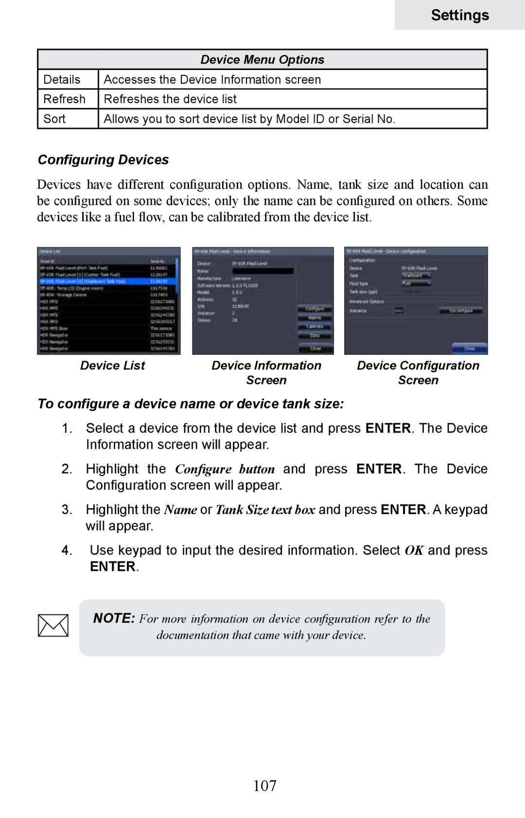 Lowrance electronic HDS-10M, HDS-8M 107, Configuring Devices, To configure a device name or device tank size 