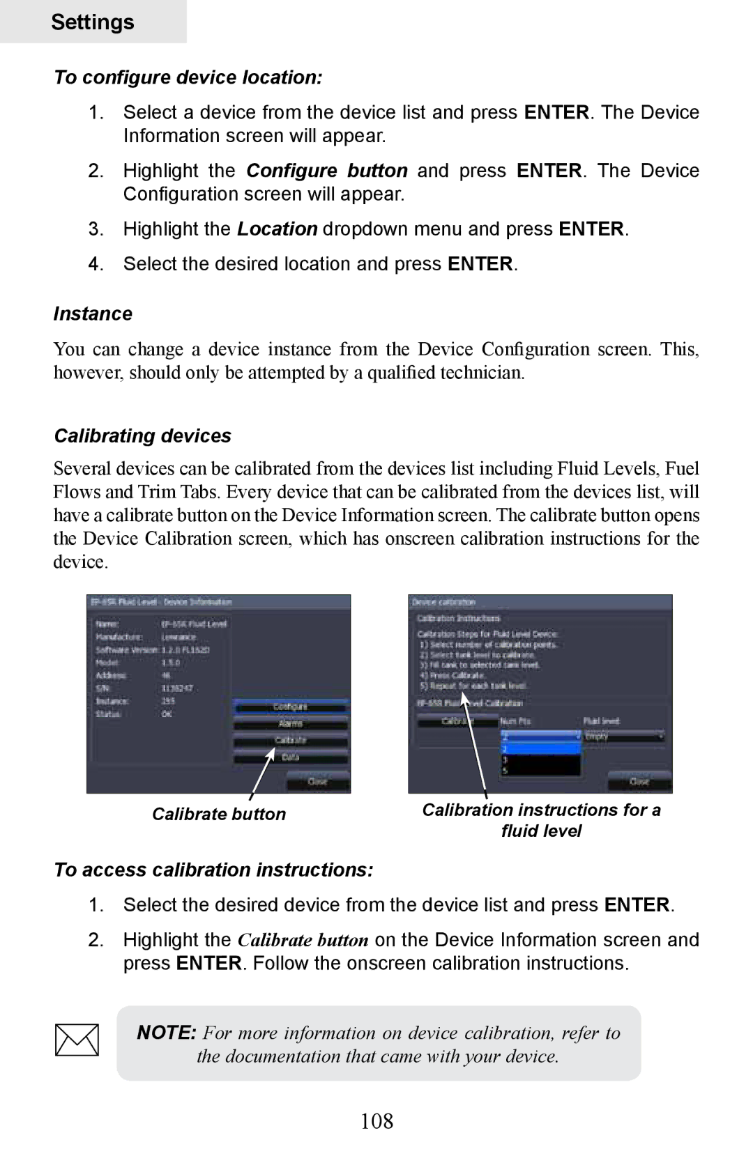 Lowrance electronic HDS-8M, HDS-10M operation manual 108, To configure device location, Instance, Calibrating devices 