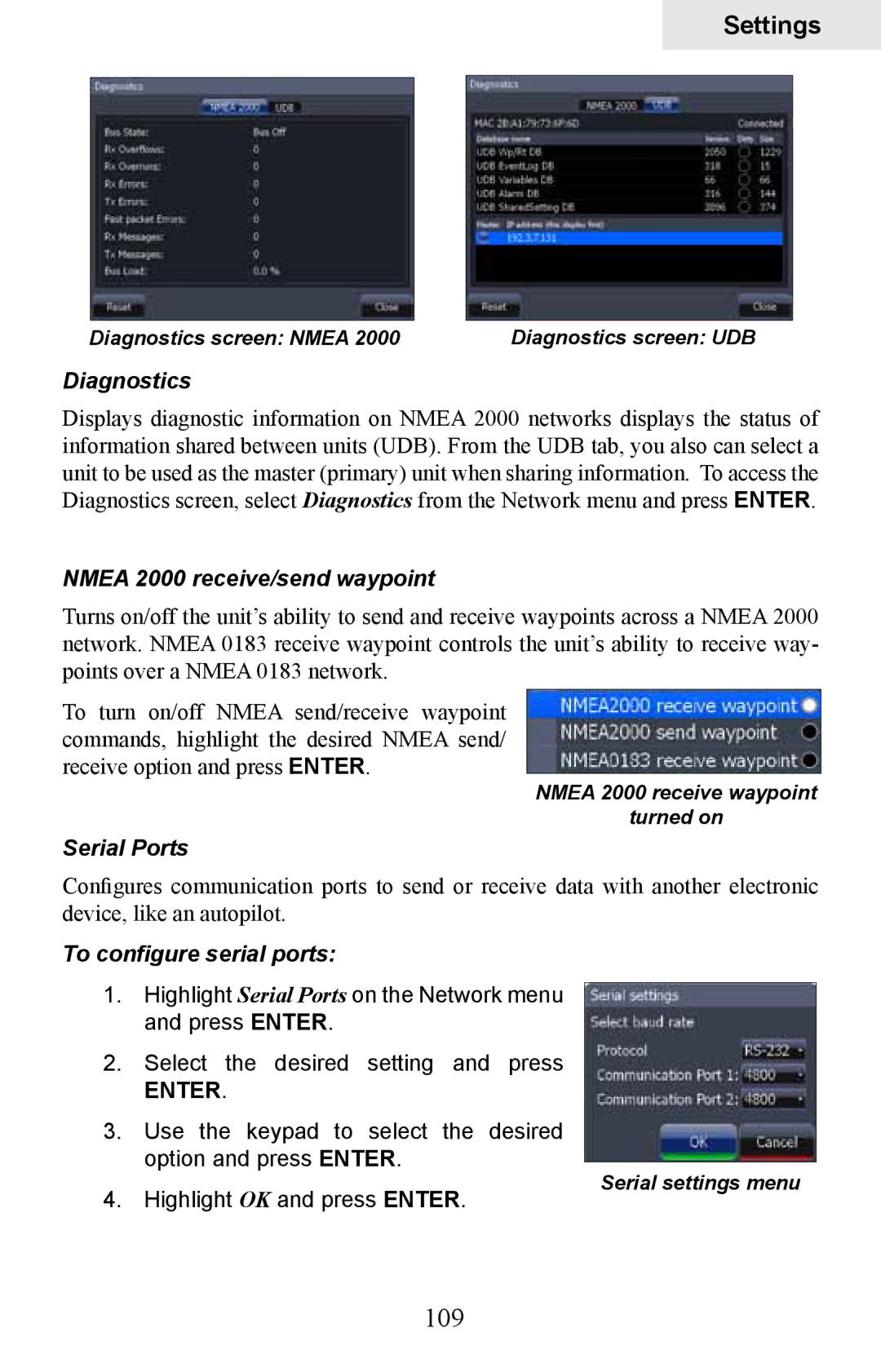 Lowrance electronic HDS-8 109, Diagnostics, Nmea 2000 receive/send waypoint, Serial Ports, To configure serial ports 