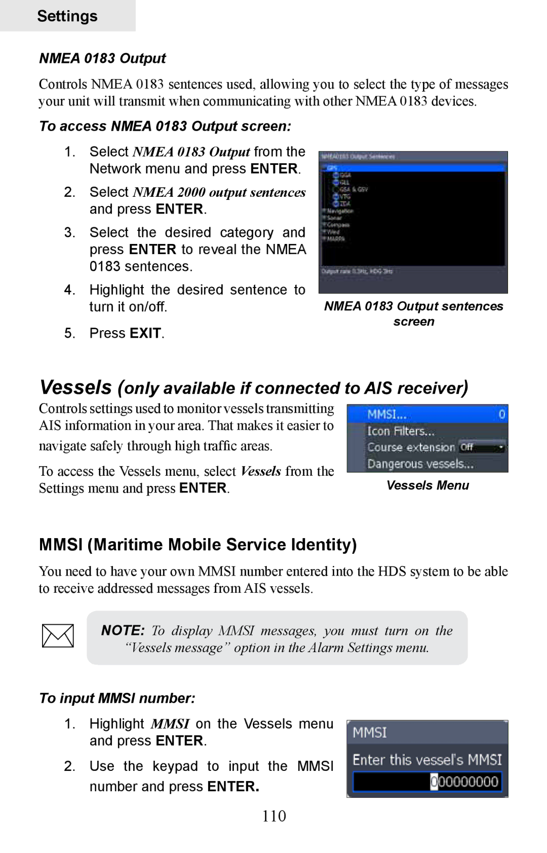 Lowrance electronic HDS-8M, HDS-10M Mmsi Maritime Mobile Service Identity, 110, To access Nmea 0183 Output screen 