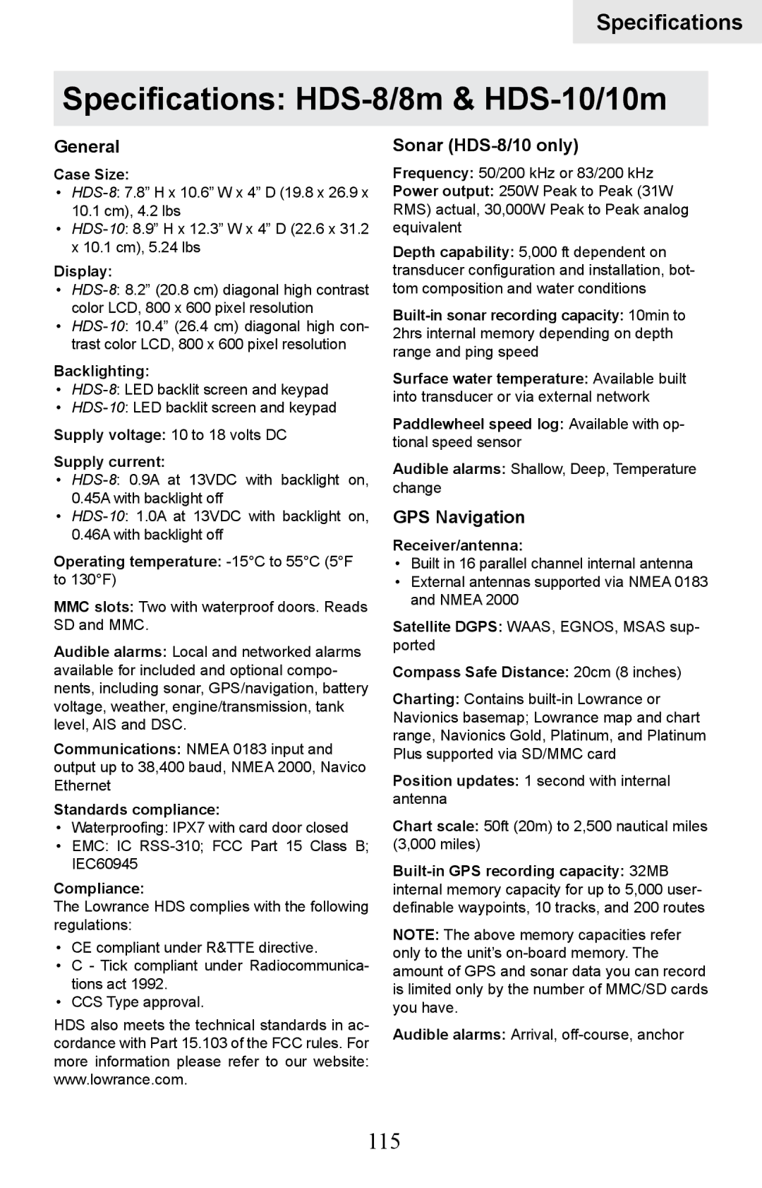 Lowrance electronic HDS-10M, HDS-8M operation manual Specifications HDS-8/8m & HDS-10/10m, 115 