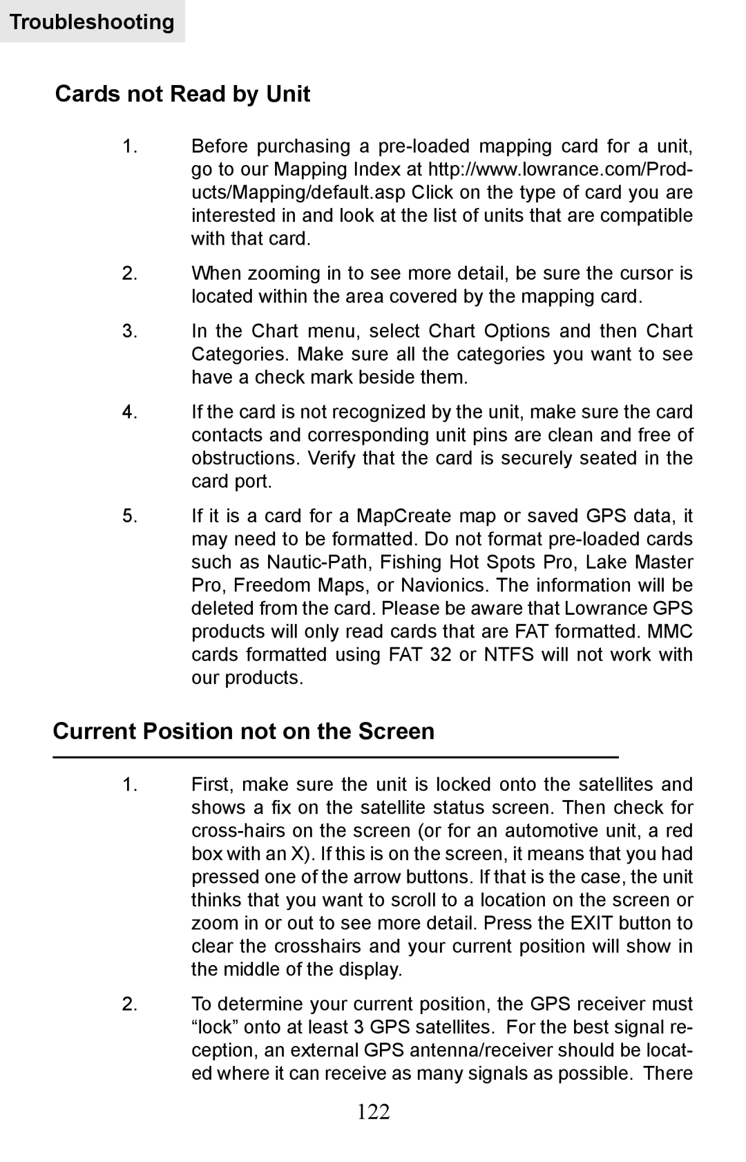 Lowrance electronic HDS-8M, HDS-10M operation manual Cards not Read by Unit, Current Position not on the Screen, 122 