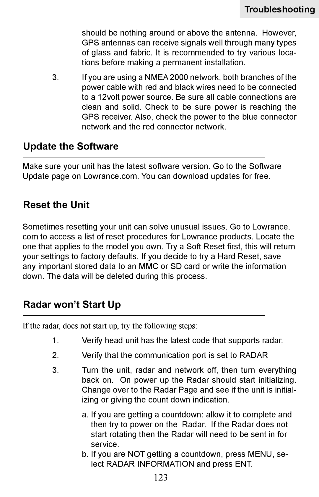 Lowrance electronic HDS-10M, HDS-8M operation manual Update the Software, Reset the Unit, Radar won’t Start Up, 123 