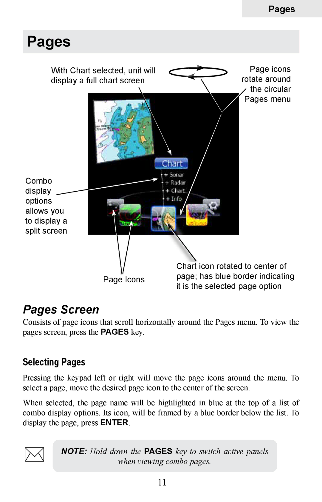 Lowrance electronic HDS-10M, HDS-8M operation manual Pages Screen, Selecting Pages 