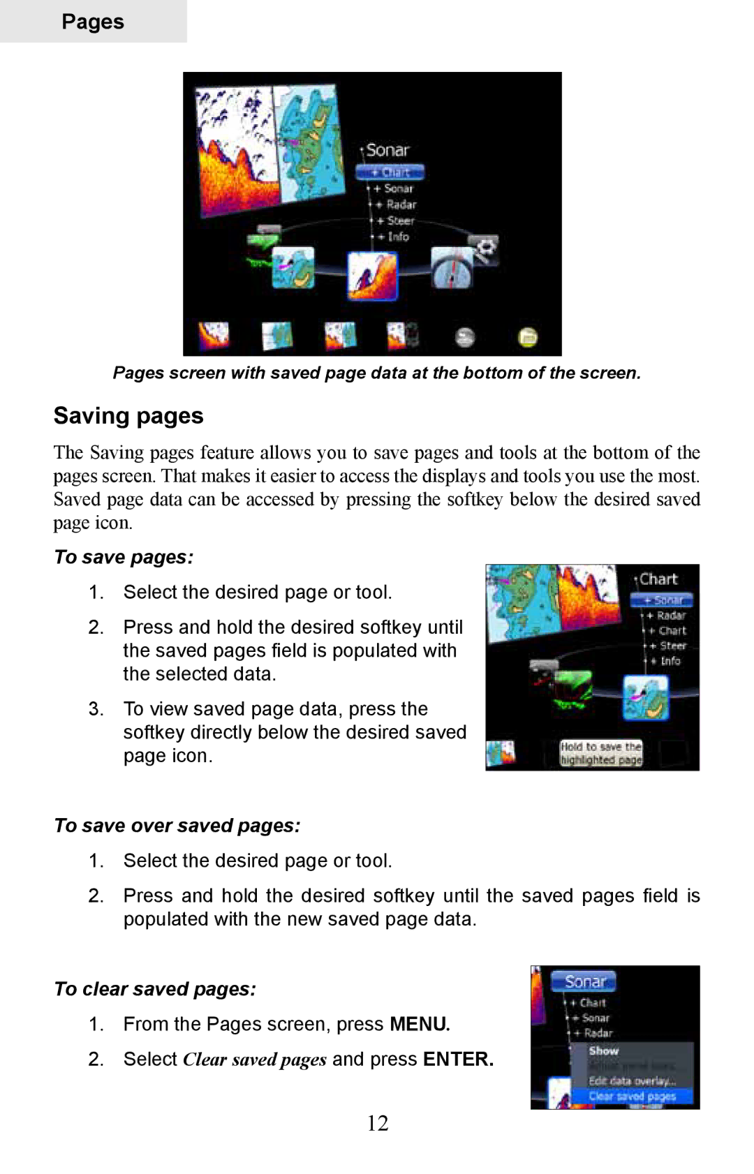 Lowrance electronic HDS-8M, HDS-10M Saving pages, To save pages, To save over saved pages, To clear saved pages 