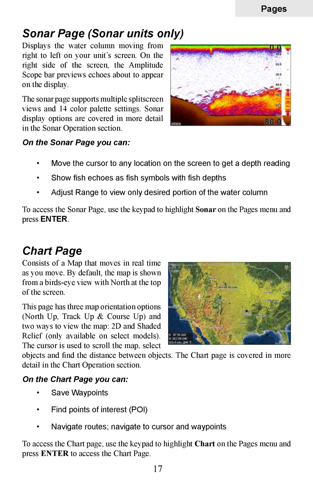 Lowrance electronic HDS-8M Sonar Page Sonar units only, On the Sonar Page you can, On the Chart Page you can 