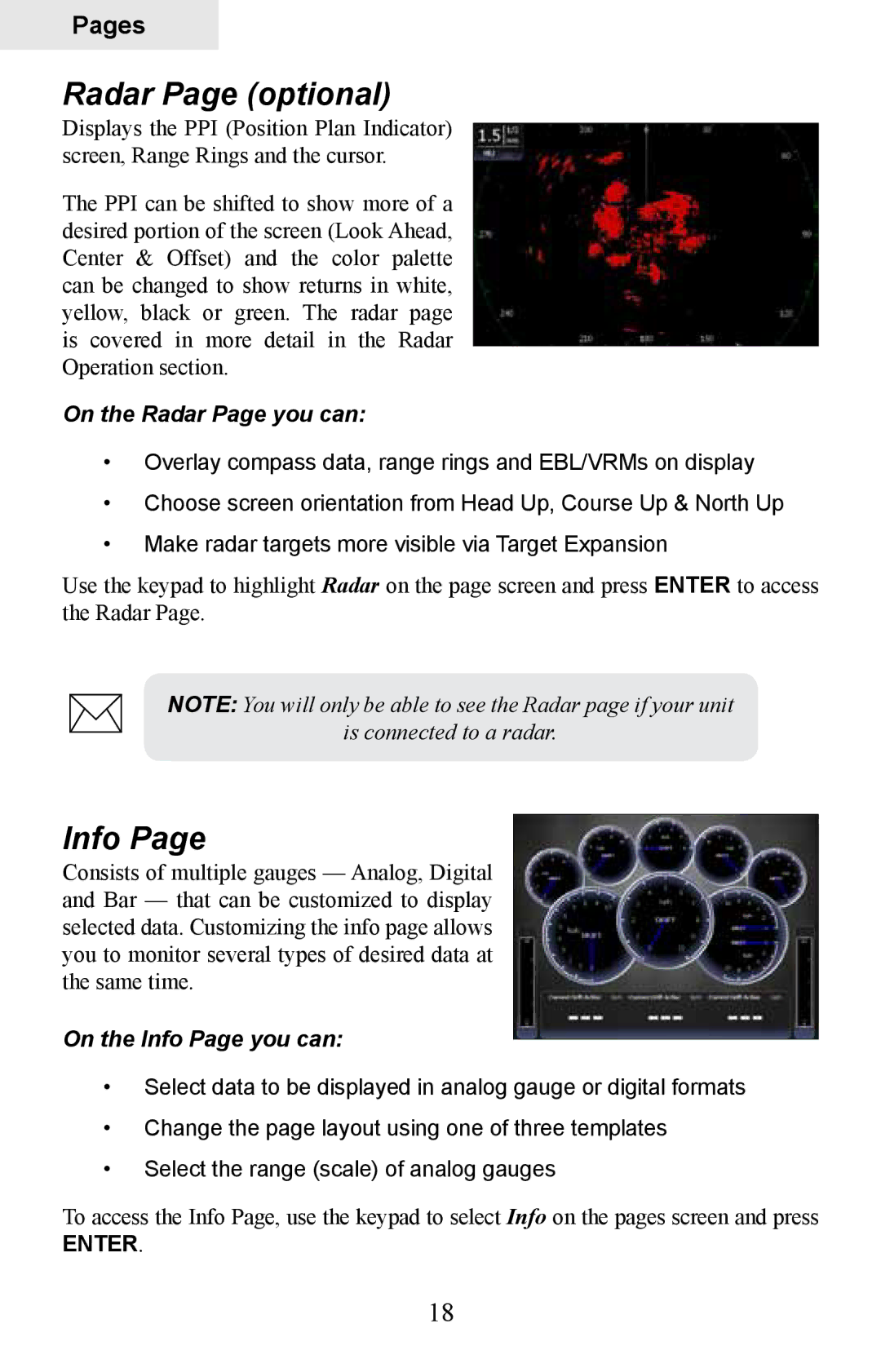 Lowrance electronic HDS-8M, HDS-10M Radar Page optional, On the Radar Page you can, On the Info Page you can 