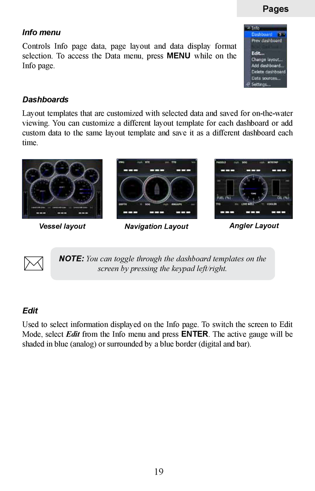 Lowrance electronic HDS-10M, HDS-8M operation manual Info menu, Dashboards, Edit 