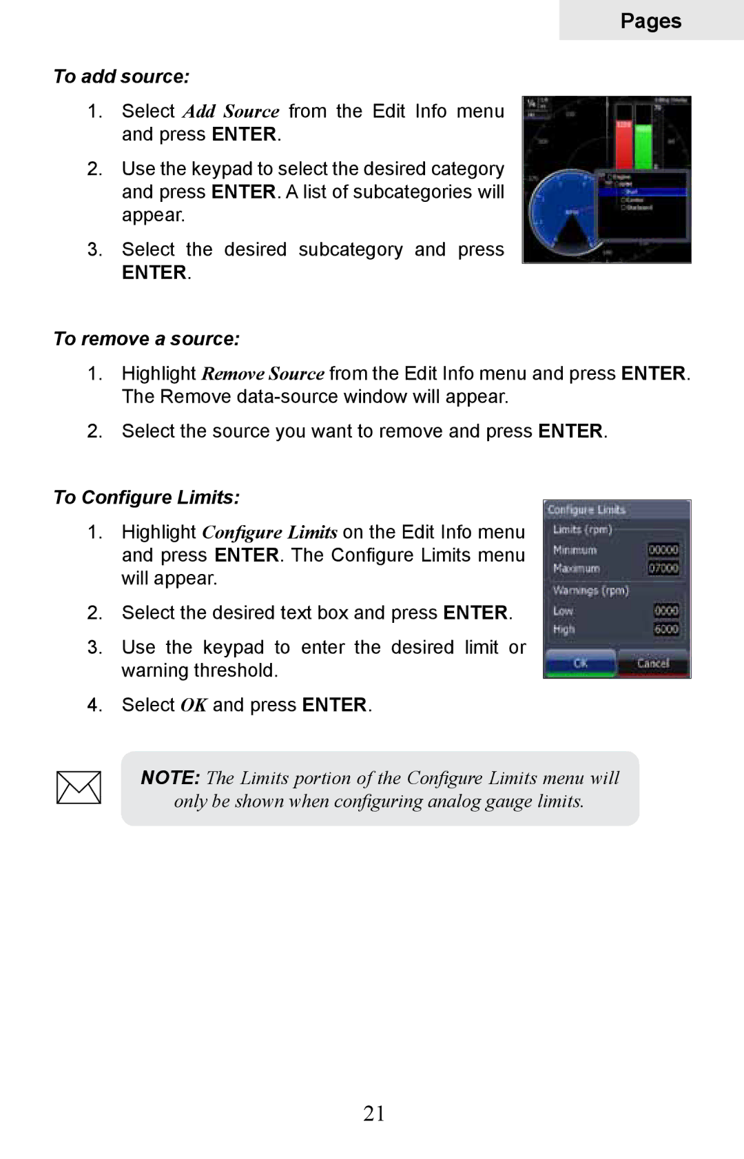 Lowrance electronic HDS-8M, HDS-10M operation manual To add source, To remove a source, To Configure Limits 