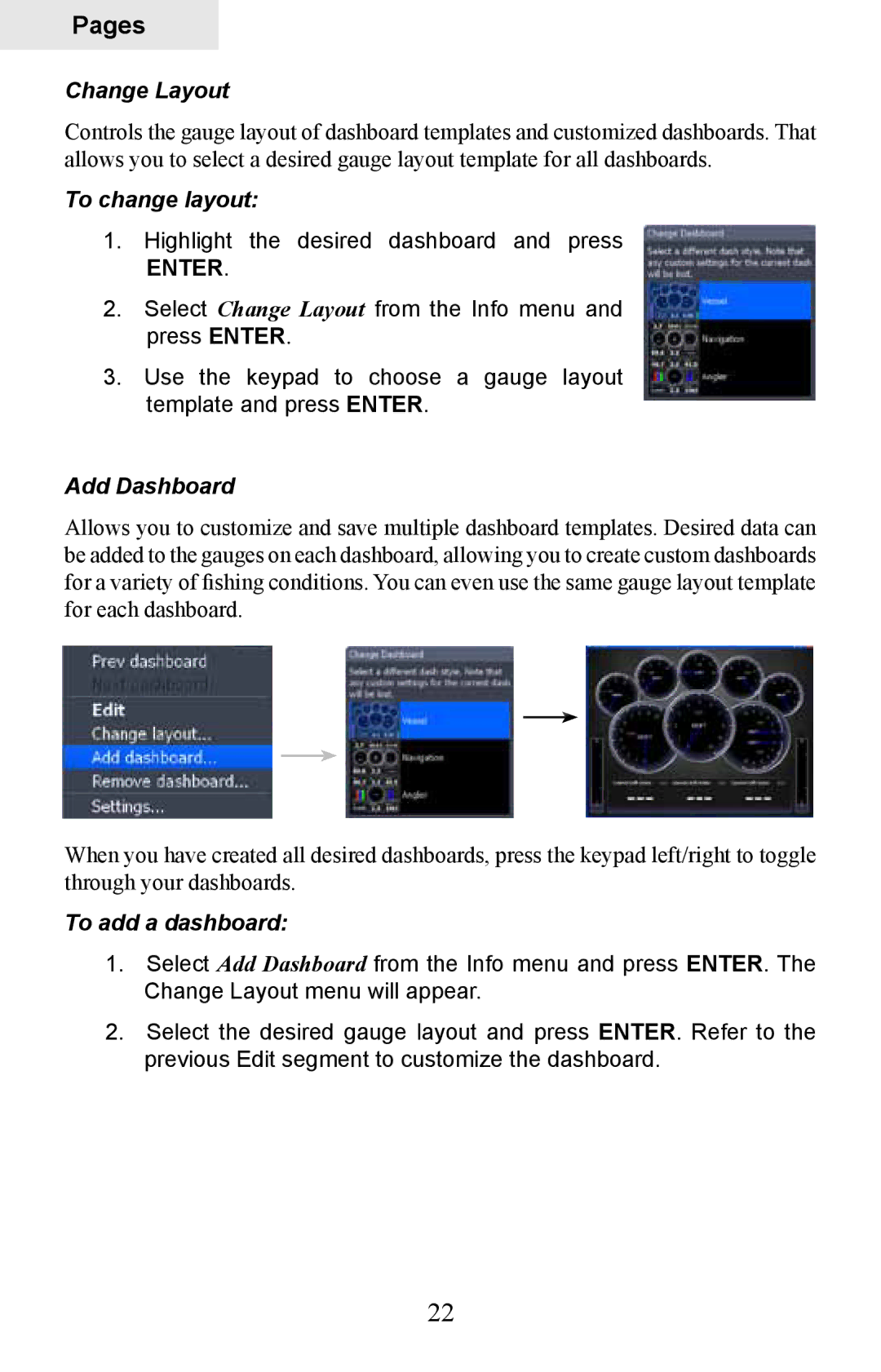 Lowrance electronic HDS-8M, HDS-10M operation manual Change Layout, To change layout, Add Dashboard, To add a dashboard 