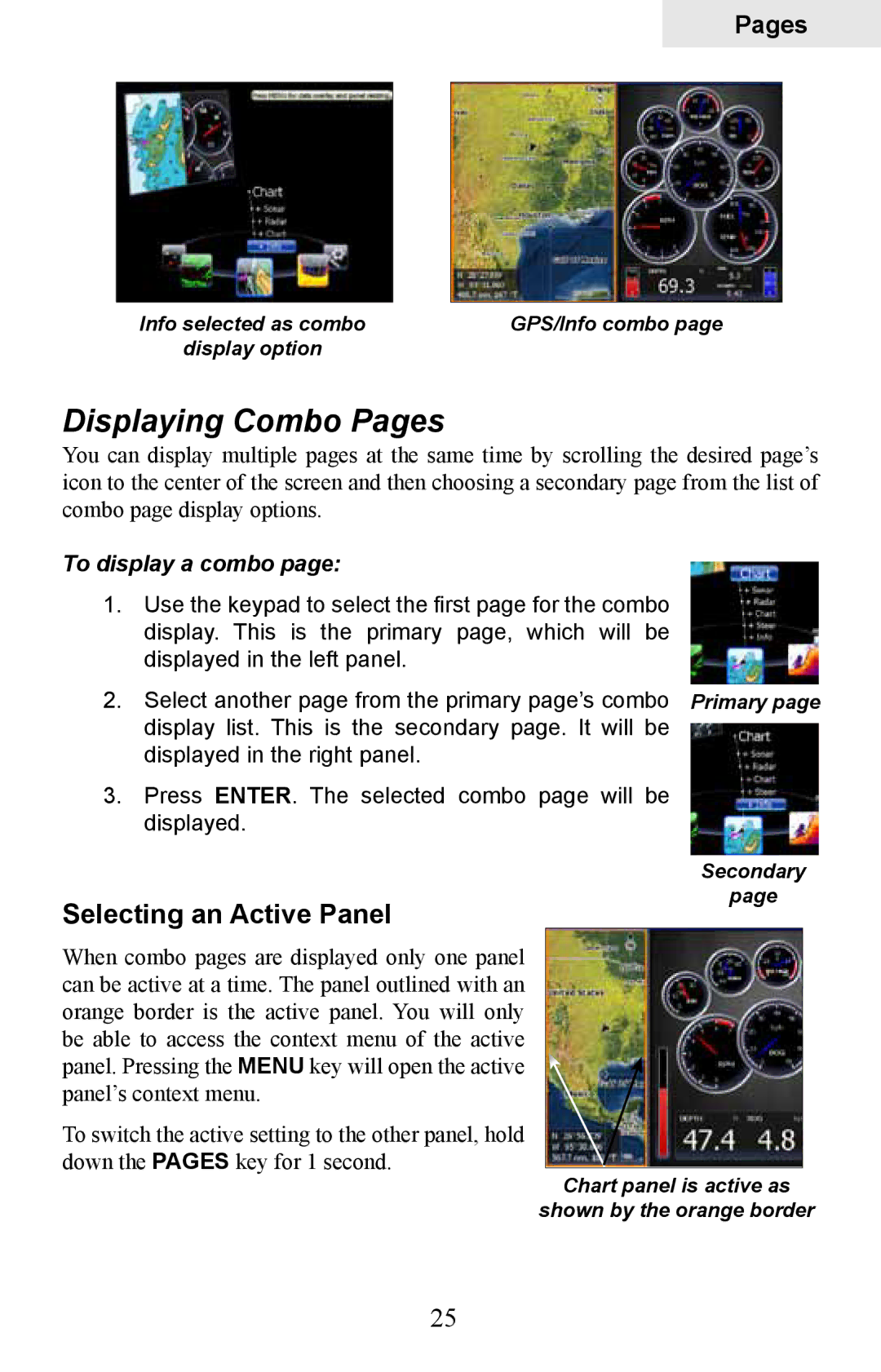 Lowrance electronic HDS-8M, HDS-10M Displaying Combo Pages, Selecting an Active Panel, To display a combo 
