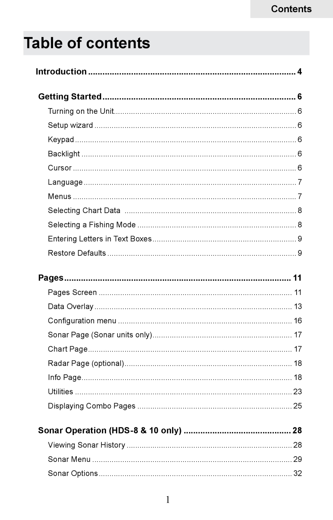 Lowrance electronic HDS-8M, HDS-10M operation manual Table of contents 