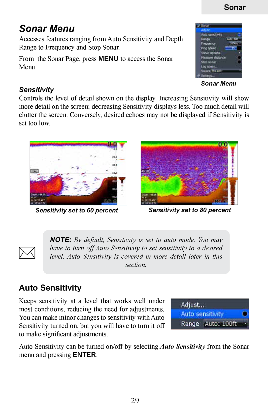 Lowrance electronic HDS-8M, HDS-10M operation manual Sonar Menu, Auto Sensitivity 