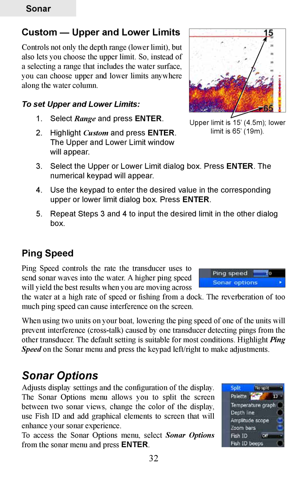 Lowrance electronic HDS-10, HDS-8M Sonar Options, Custom Upper and Lower Limits, Ping Speed, To set Upper and Lower Limits 