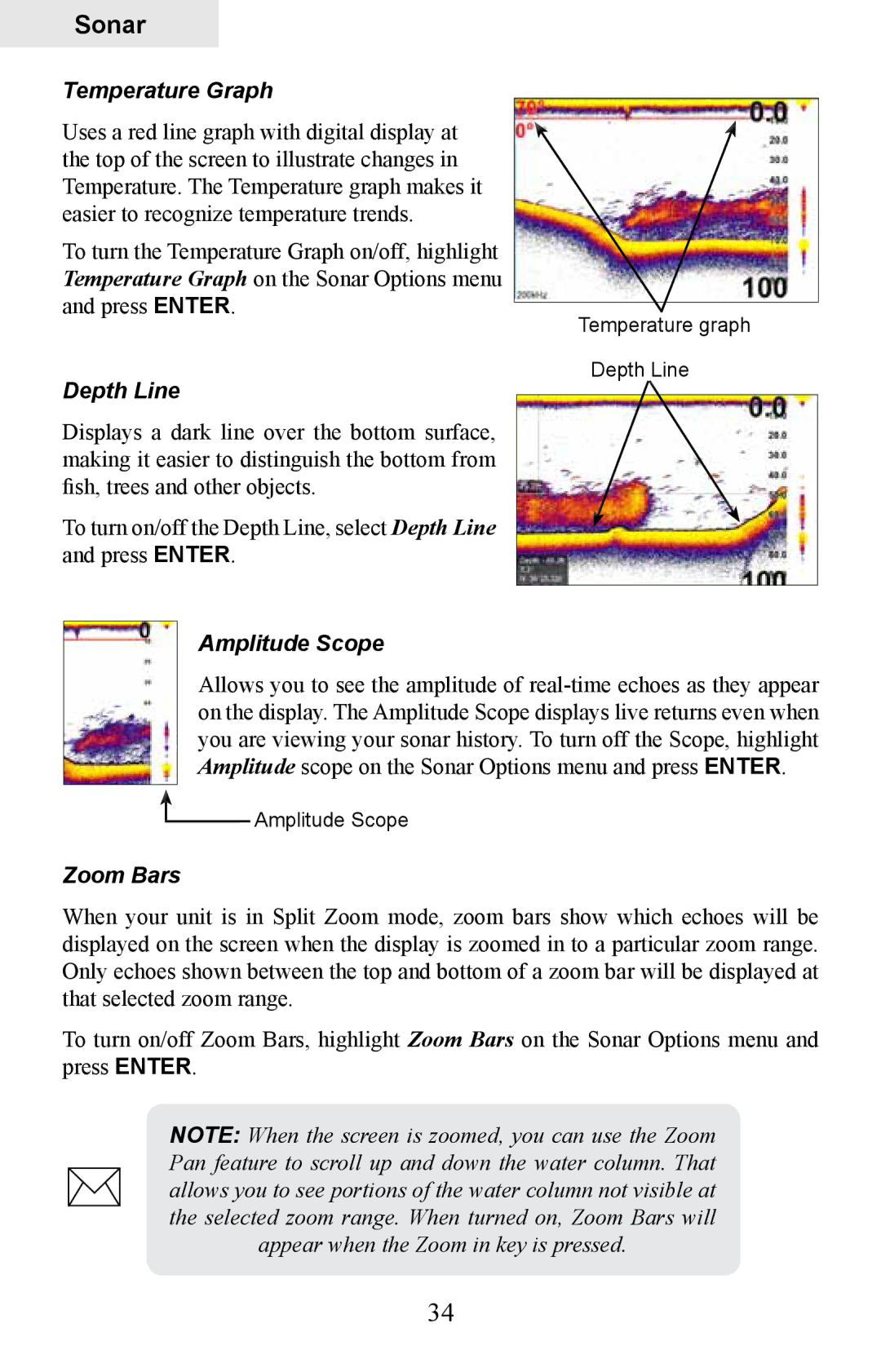 Lowrance electronic HDS-8M, HDS-10M operation manual Temperature Graph, Depth Line, Amplitude Scope, Zoom Bars 