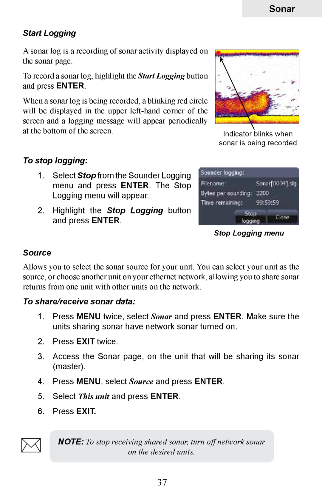 Lowrance electronic HDS-8M, HDS-10M operation manual Start Logging, To stop logging, Source, To share/receive sonar data 