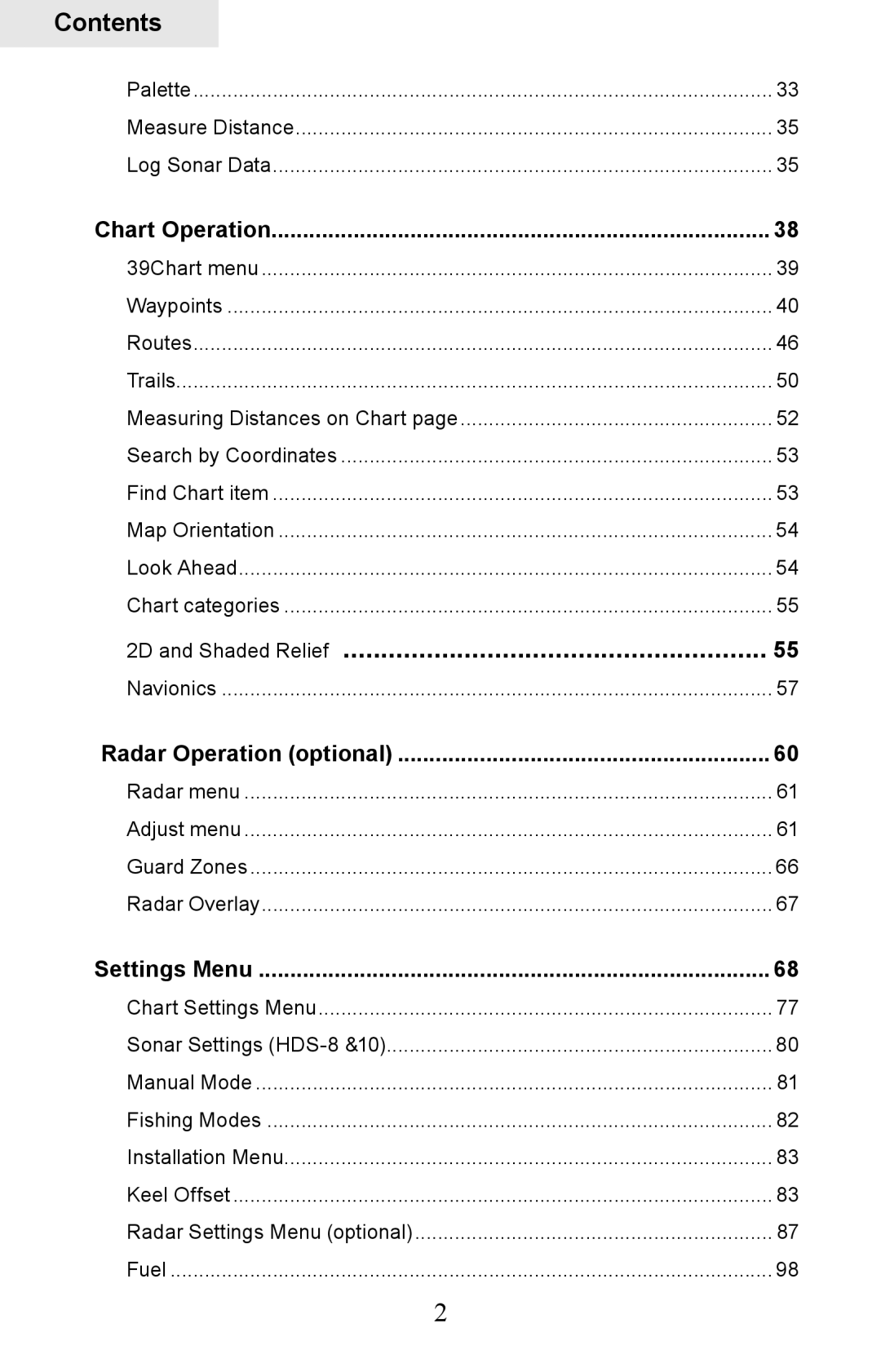 Lowrance electronic HDS-8M, HDS-10M operation manual 2D and Shaded Relief, Contents 