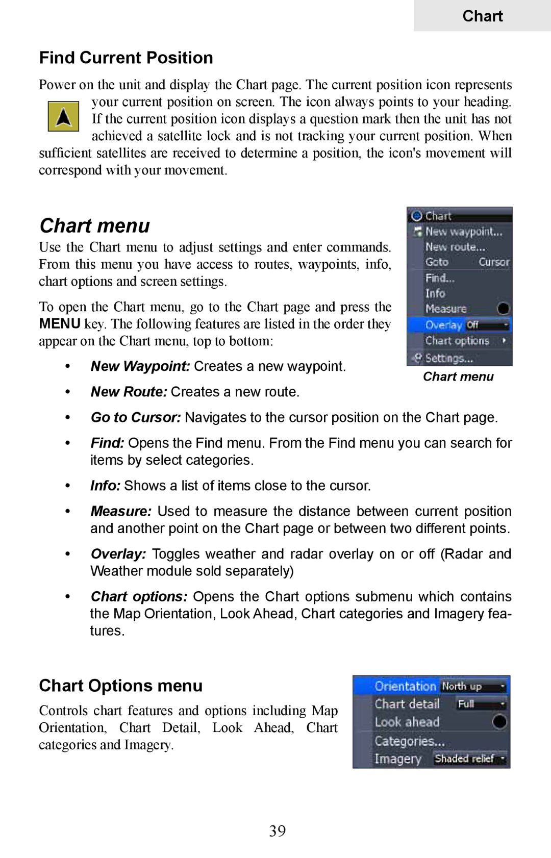 Lowrance electronic HDS-10M, HDS-8M operation manual Chart menu, Find Current Position, Chart Options menu 