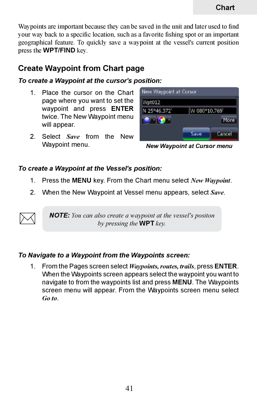 Lowrance electronic HDS-8M Create Waypoint from Chart, To create a Waypoint at the cursors position, Waypoint menu 