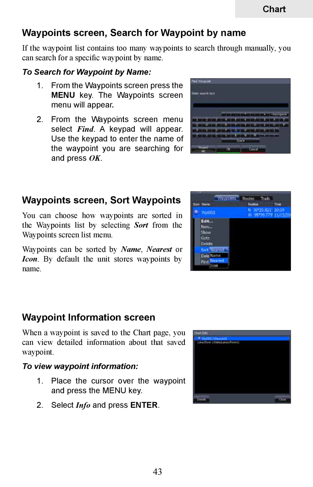 Lowrance electronic HDS-10M, HDS-8M Waypoints screen, Search for Waypoint by name, Waypoints screen, Sort Waypoints 