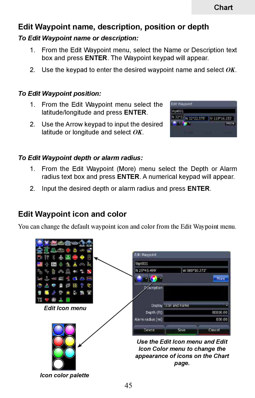 Lowrance electronic HDS-8M, HDS-10M Edit Waypoint name, description, position or depth, Edit Waypoint icon and color 