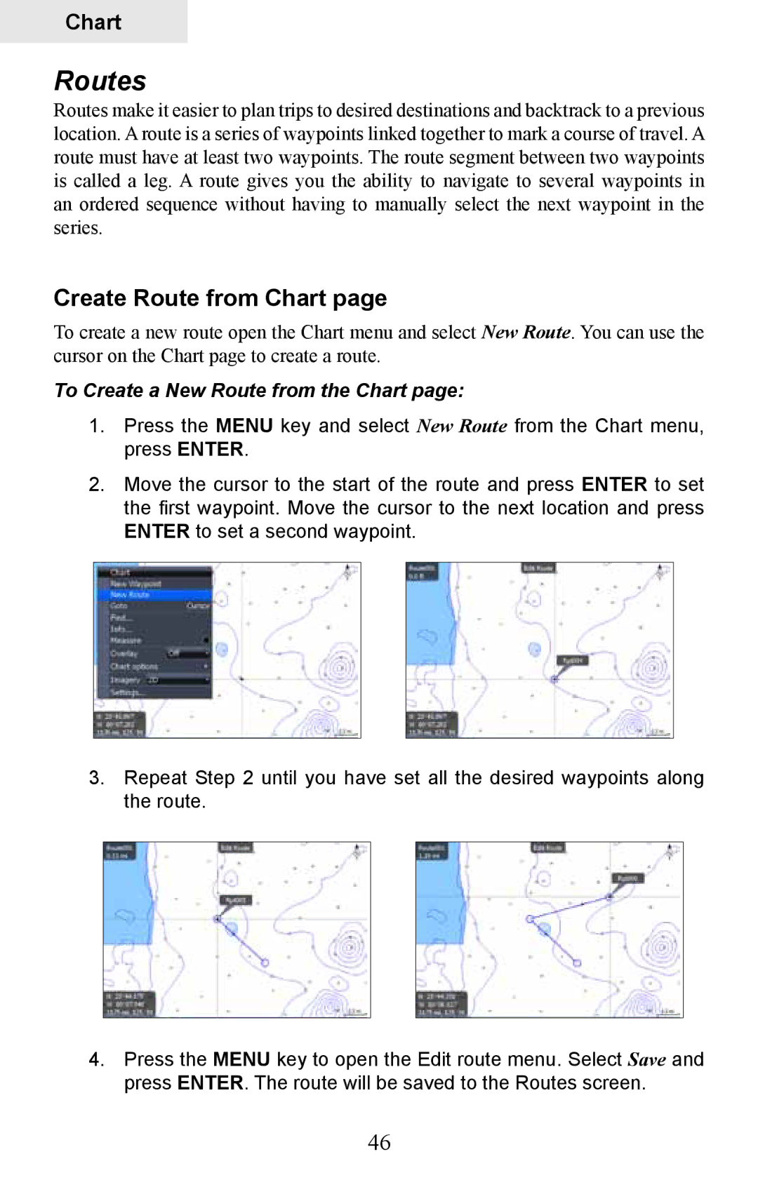 Lowrance electronic HDS-8M, HDS-10M operation manual Routes, Create Route from Chart, To Create a New Route from the Chart 