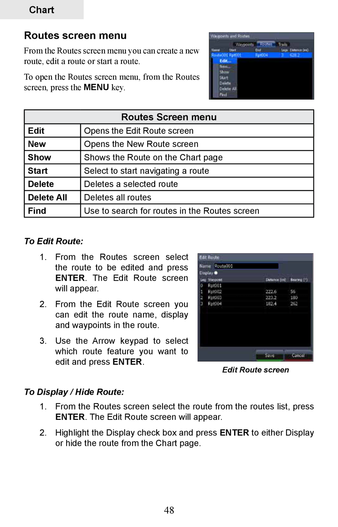 Lowrance electronic HDS-8M, HDS-10M operation manual Routes screen menu, To Edit Route, To Display / Hide Route 