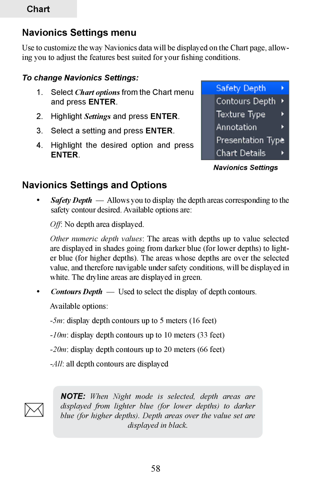 Lowrance electronic HDS-8M, HDS-10M Navionics Settings menu, Navionics Settings and Options, To change Navionics Settings 